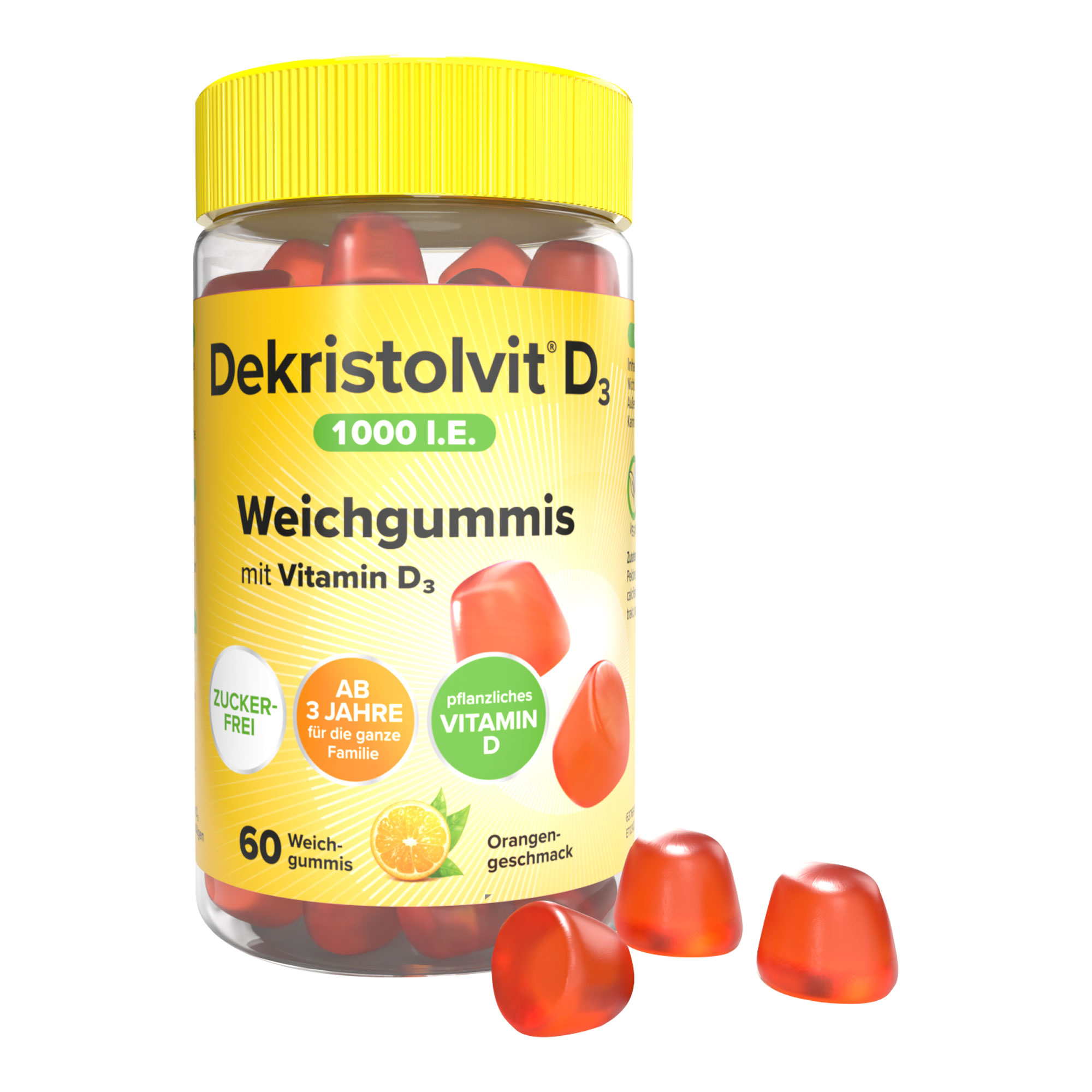 Vegane Weichgummis mit Vitamin D3 und Orangengeschmack. Für Kinder ab 3 Jahren und Erwachsene.