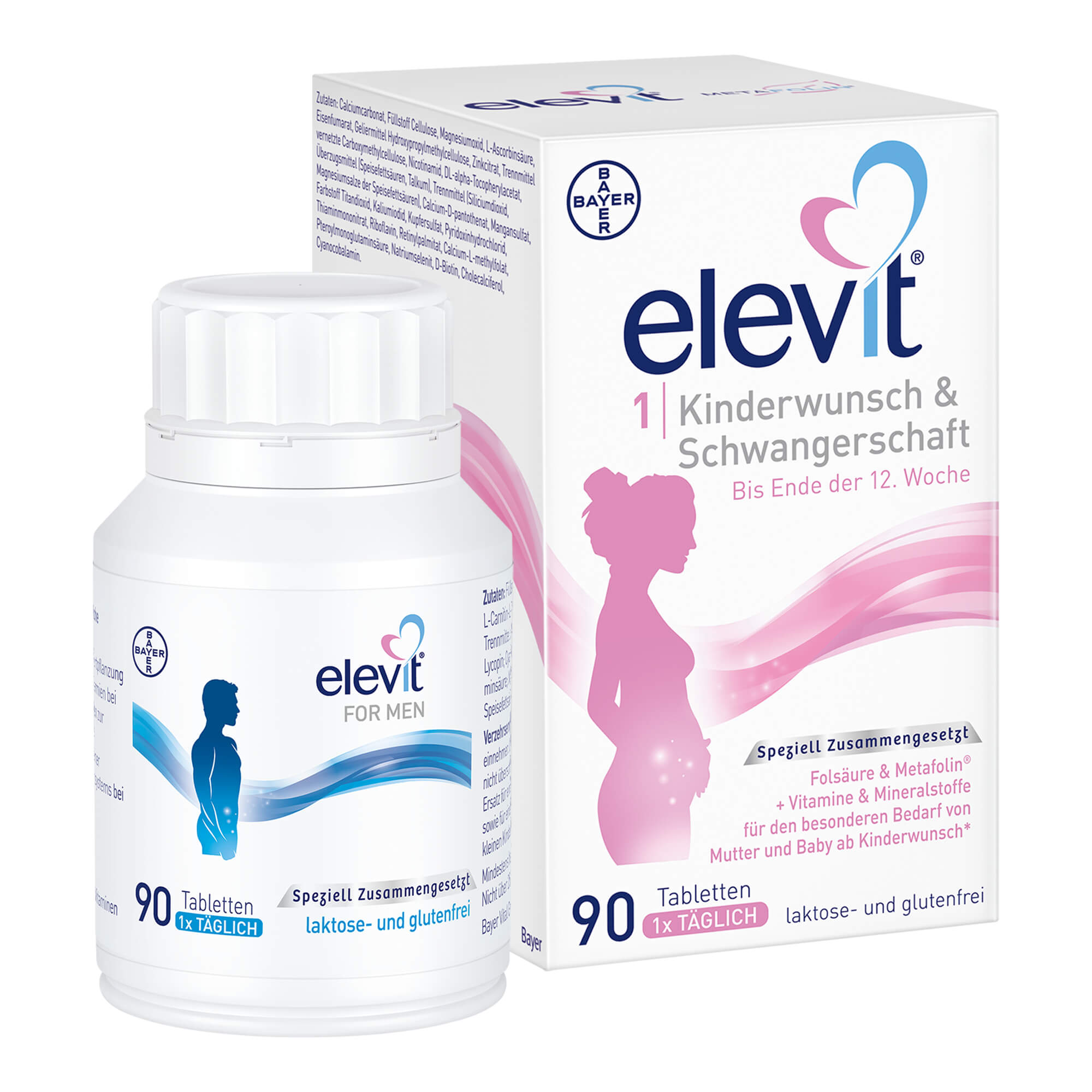 Mit 90 Elevit 1 Kinderwunsch & Schwangerschaft Tabletten für Frauen & 90 Elevit FOR MEN Tabletten für Männer.