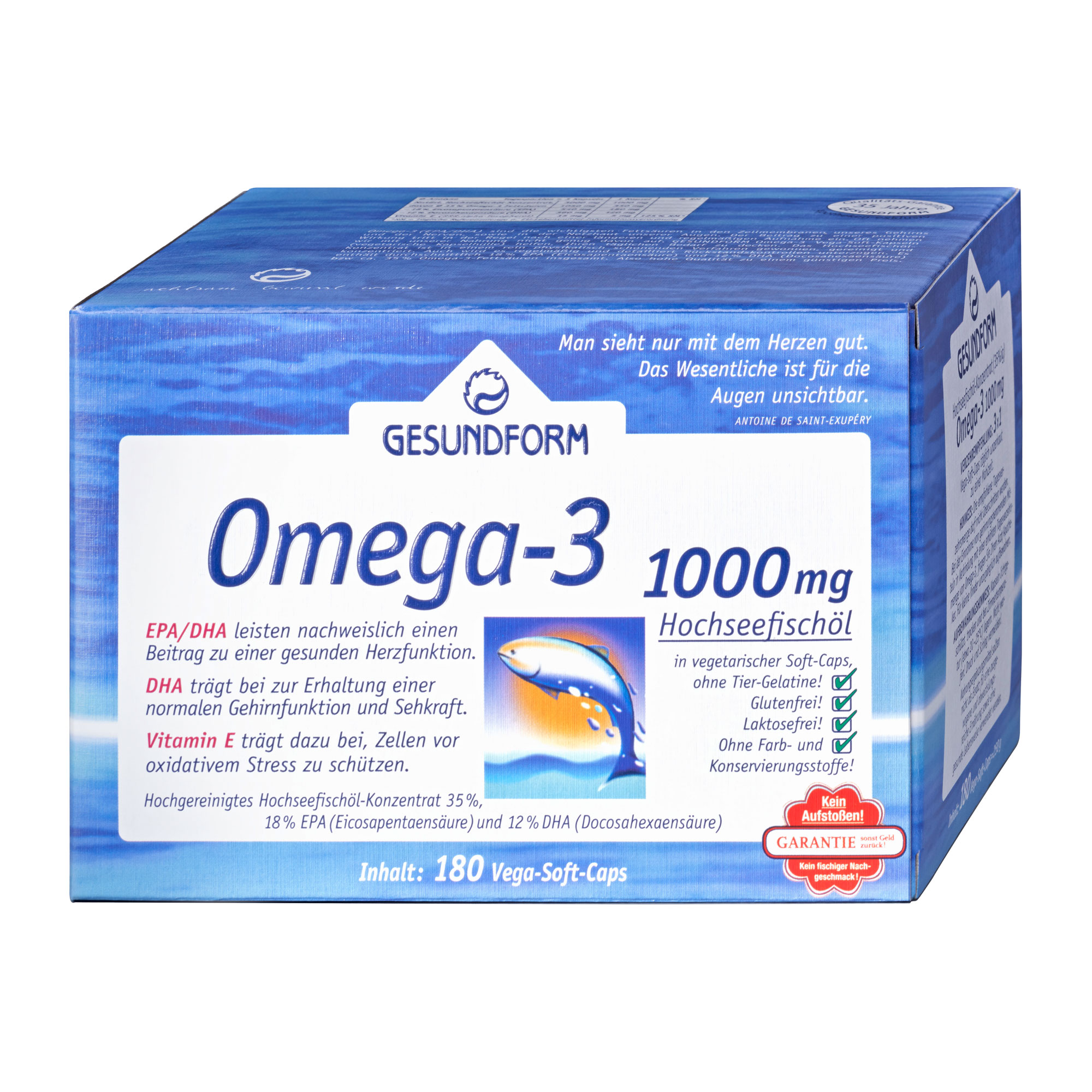 Nahrungsergänzungsmittel mit Omega-3-Fettsäuren und Vitamin E. Ohne fischigem Nachgeschmack.