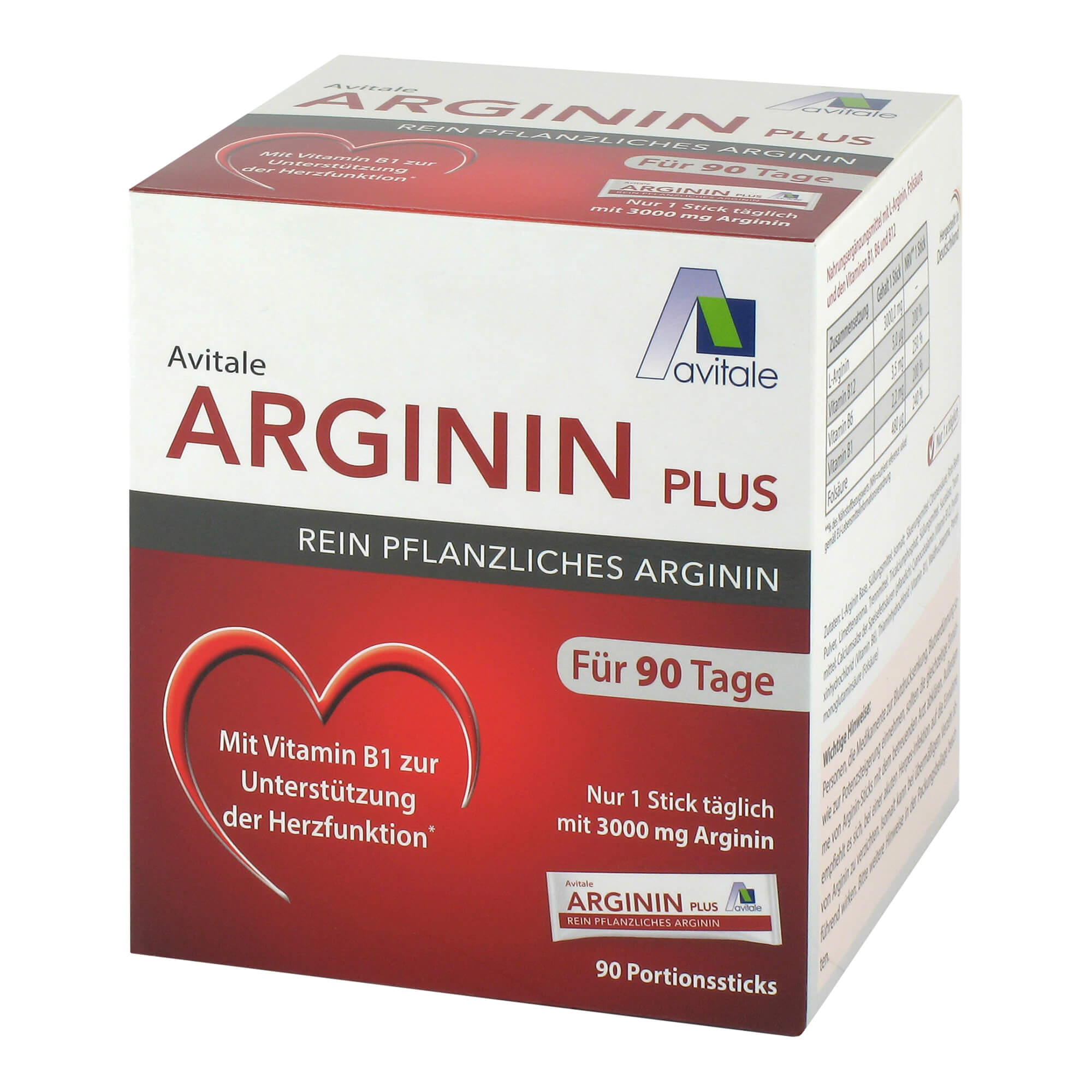 Portionssticks mit 3000 mg rein pflanzlichem Arginin sowie Vitamin B1, B6, B12 und Folsäure.