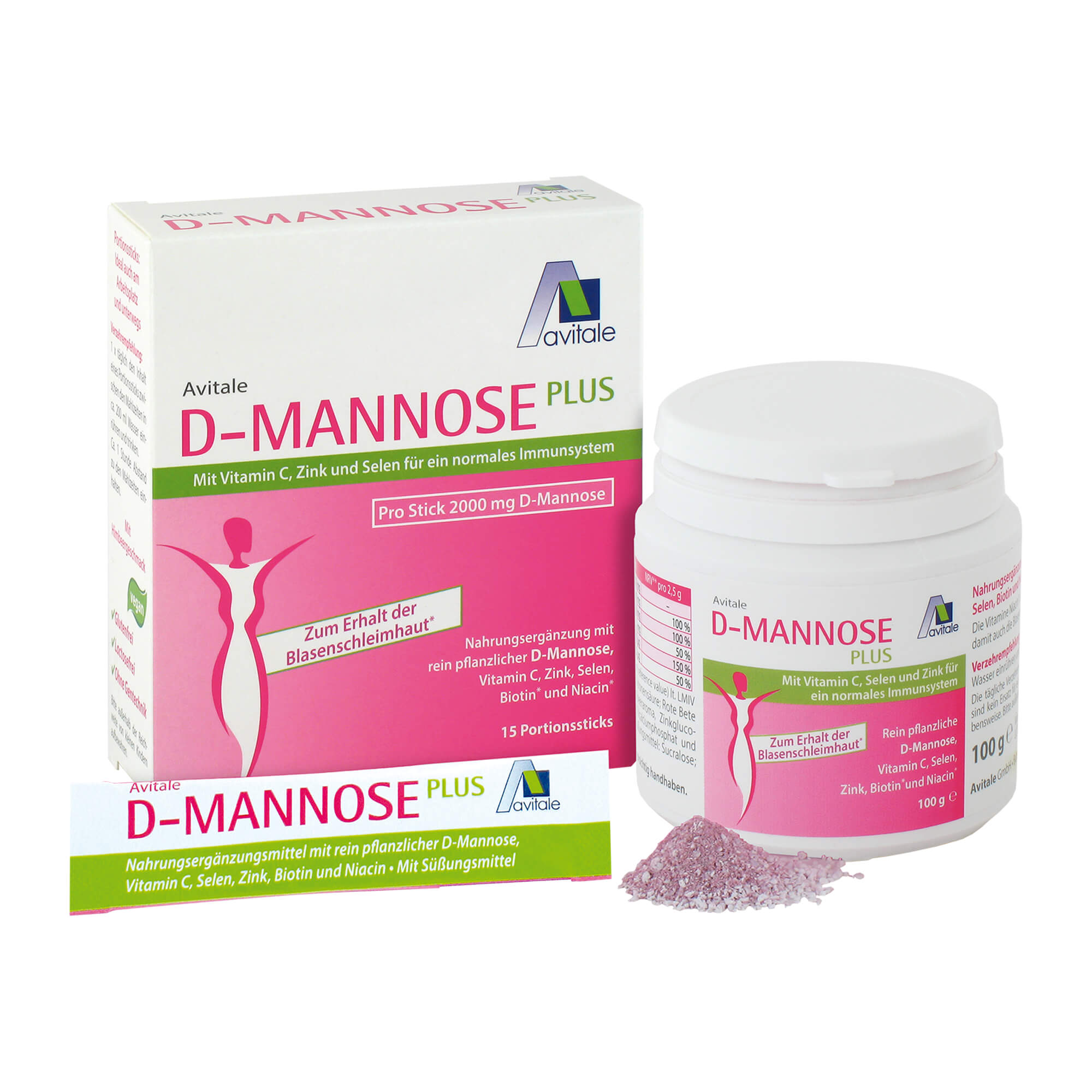 Nahrungsergänzungsmittel zur Förderung der Blasenschleimhaut. Sparset bestehend aus D-MANNOSE Plus Stick & Pulver.