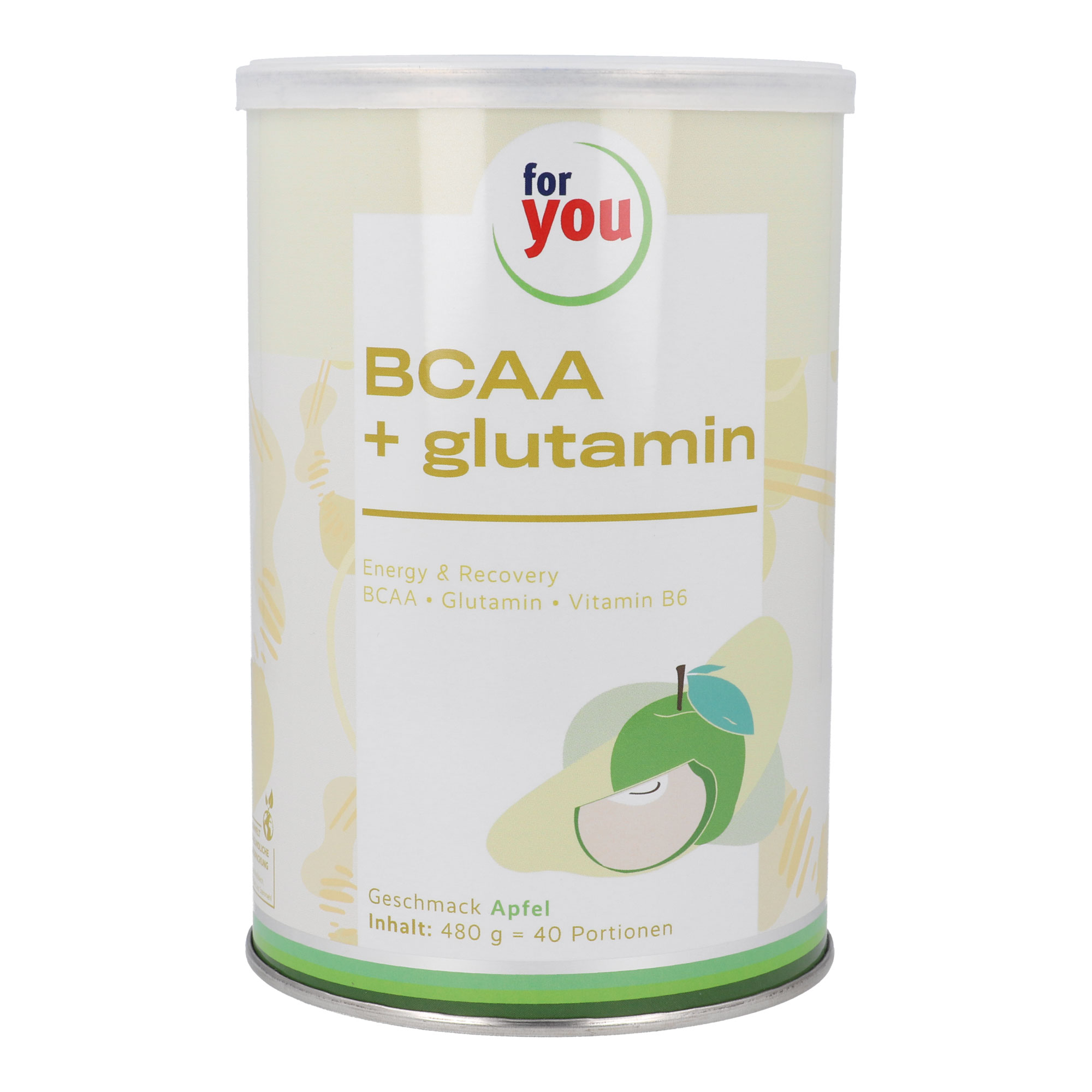 Nahrungsergänzungsmittel mit verweigtkettigen Aminosäuren (BCAA), L-Glutamin und Vitamin B6. Mit erfrischendem Apfel-Geschmack.