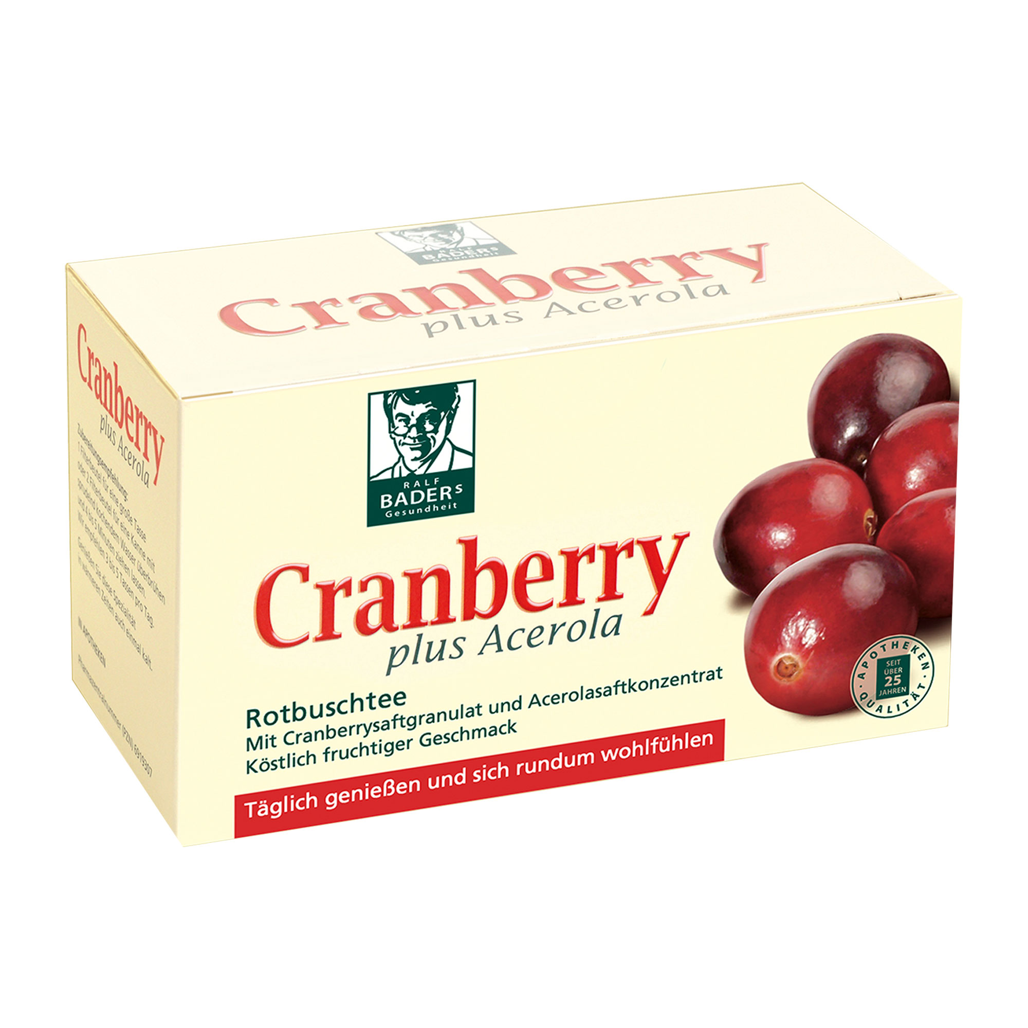 Rotbuschtee mit Cranberry-Saftgranulat und Acerola-Extrakt.