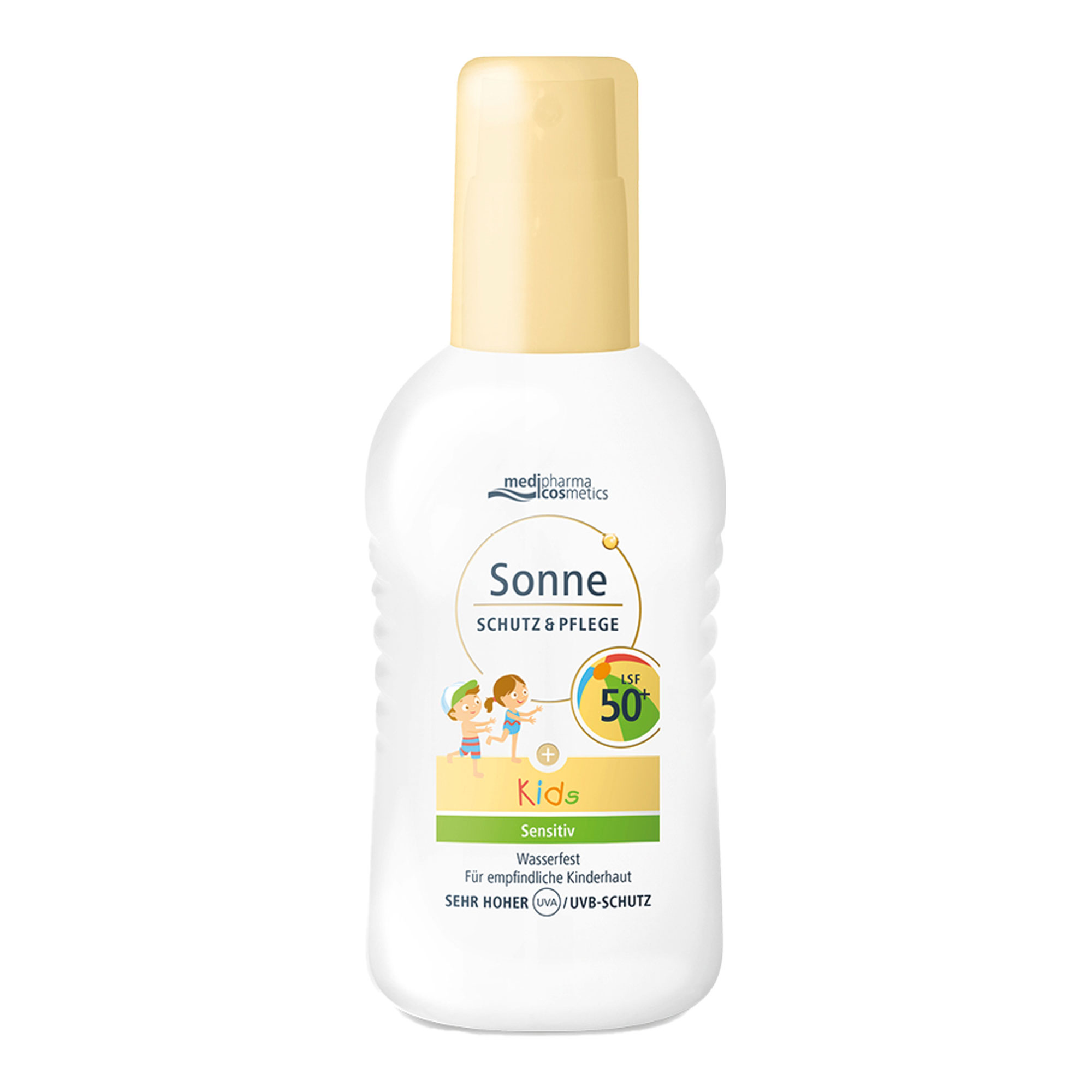Wasserfestes Sonnenspray mit LSF 50+ für empfindliche Kinderhaut. Ohne Parfum und Alkohol.
