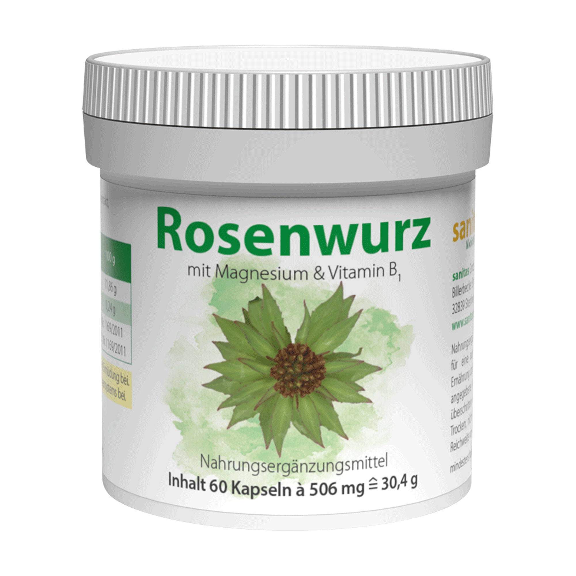 Nahrungsergänzungsmittel mit Rosenwurzextrakt (Rhodiola rosea), Magnesium und Vitamin B1.