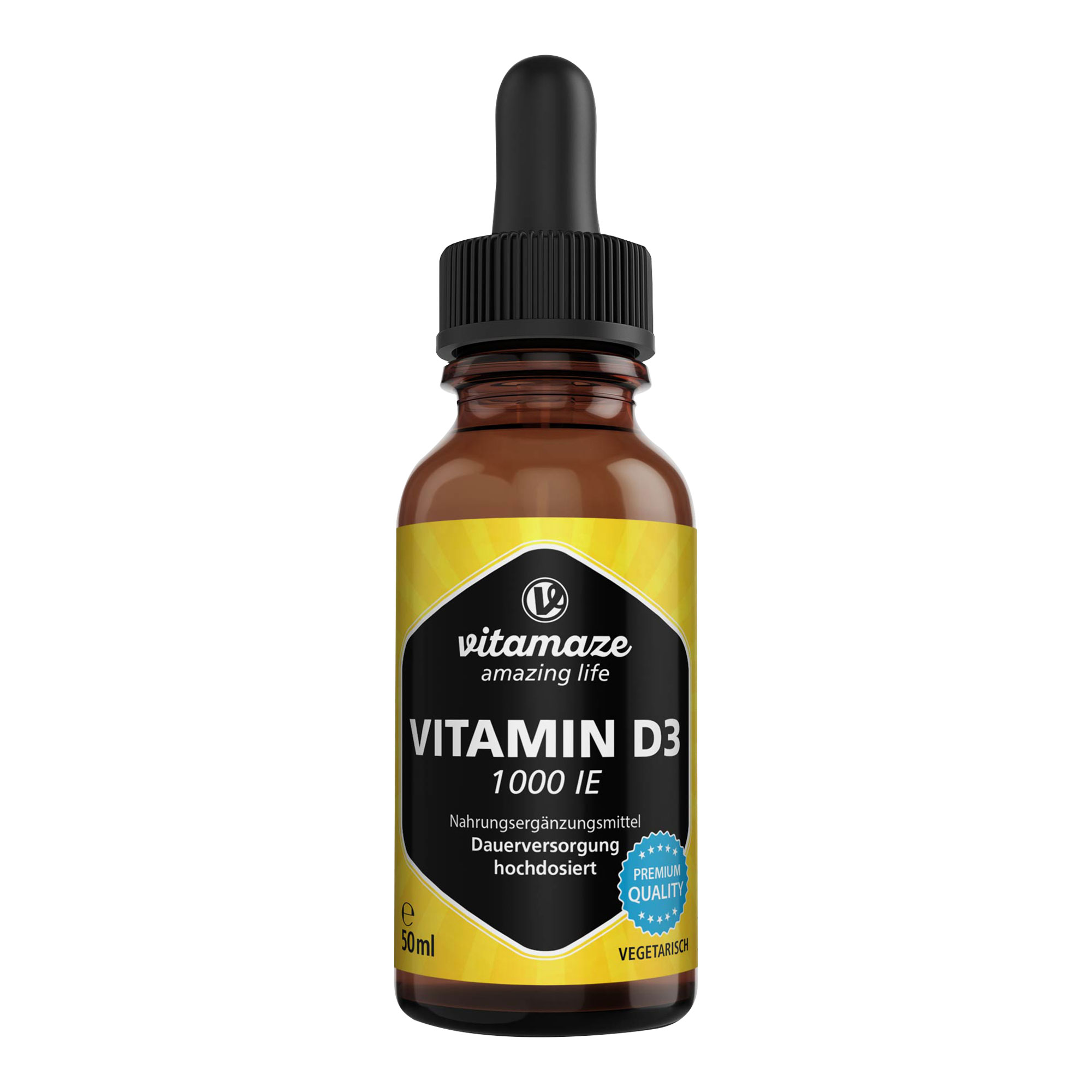 Nahrungsergänzungsmittel mit hochdosiertem Vitamin D3 in flüssiger Form.