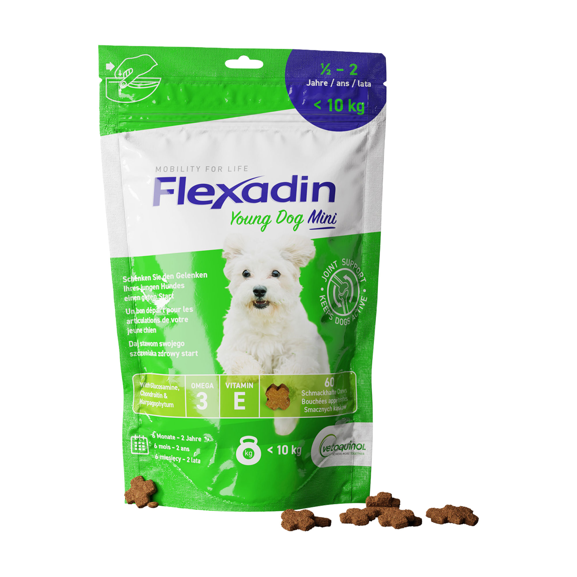 Ergänzungsfutter für junge Hunde bis 10 kg. Schmackhafte Kauleckerli (Chews) mit Glucosamin, Chondroitin und Omega-3 Fettsäuren.