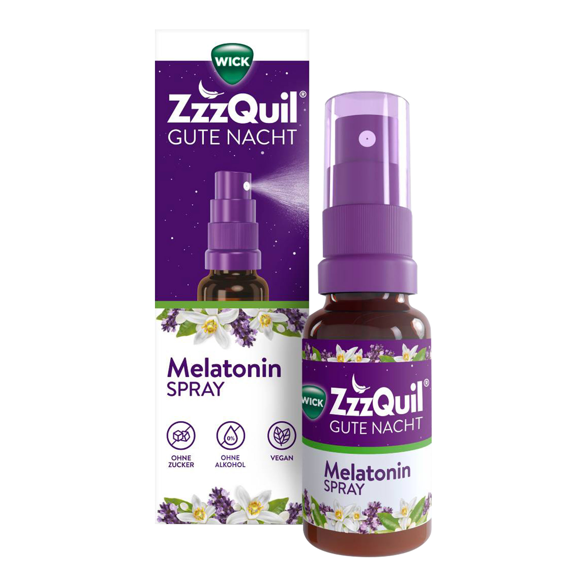 Spray mit Melatonin und Lavendelöl als Einschlafhilfe für Erwachsene.