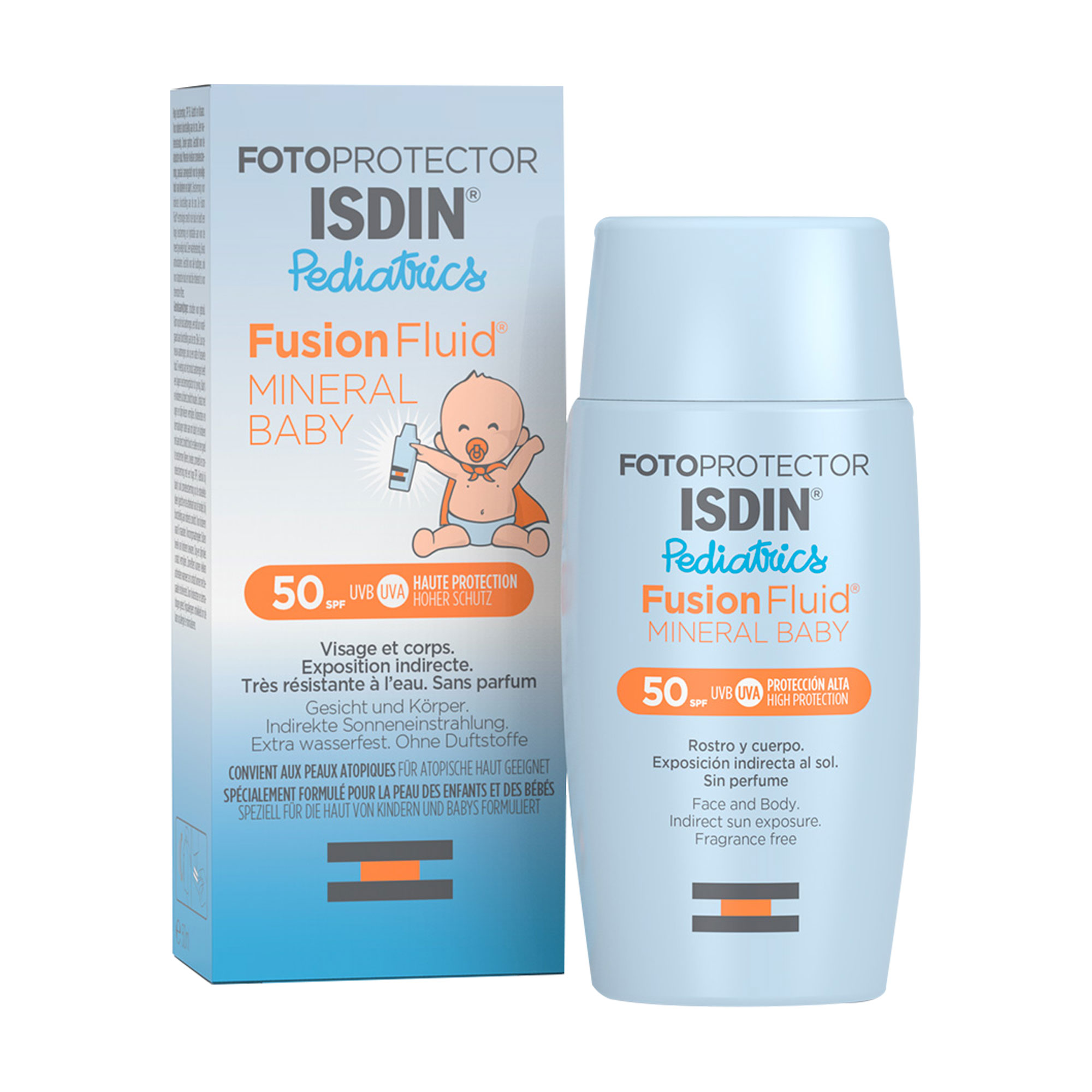 Flüssiger Sonnenschutz mit mineralischen Filtern speziell für die empfindliche Haut von Babys. Geeignet ab 6 Monaten für Gesicht und Körper.