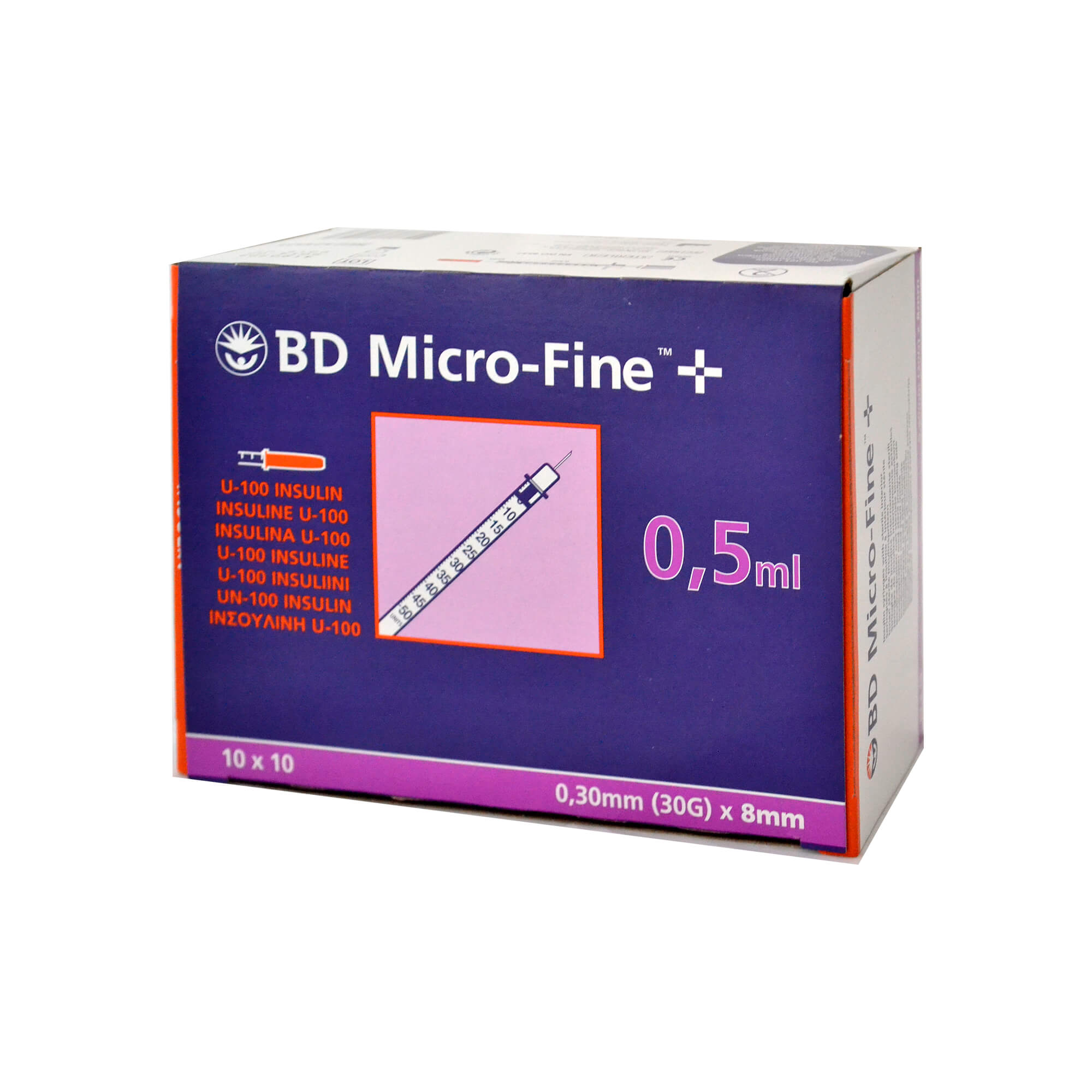 BD Micro-Fine+ Insulinspritzen 0,5 ml für U100-Insuline, Nadellänge: 8 mm, Nadelstärke: 0,30 mm.