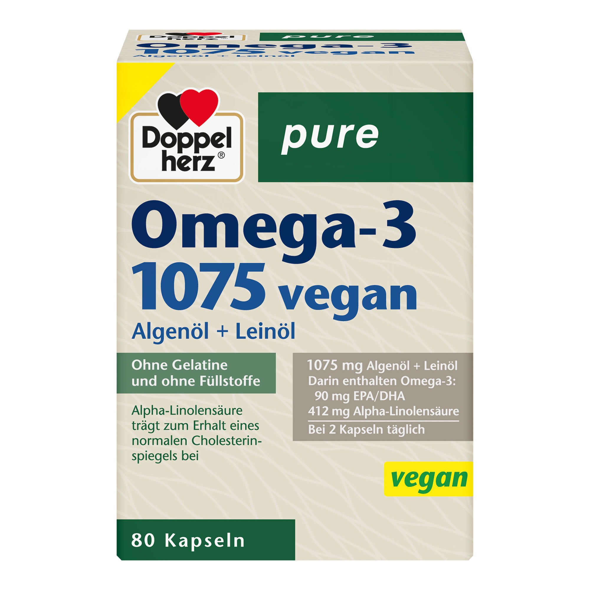 Nahrungsergänzungsmittel mit Omega-3-Fettsäuren aus Algen- und Leinöl sowie Vitamin E.