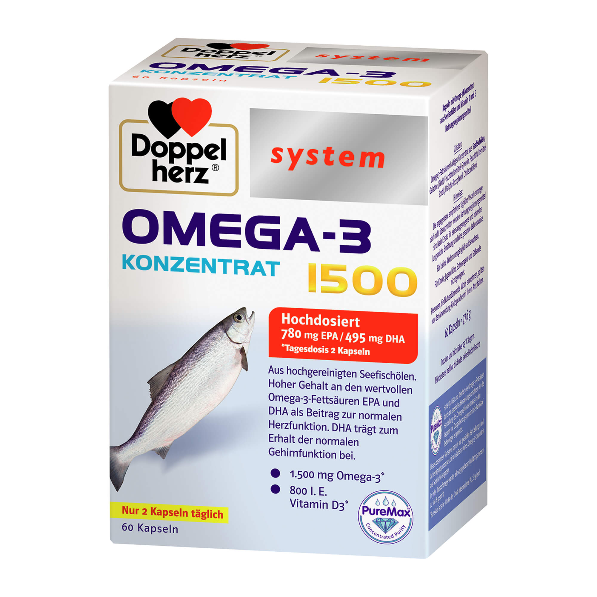 Nahrungsergänzungsmittel mit Omega-3 Konzentrat aus Seefischölen und Vitamin D und E.