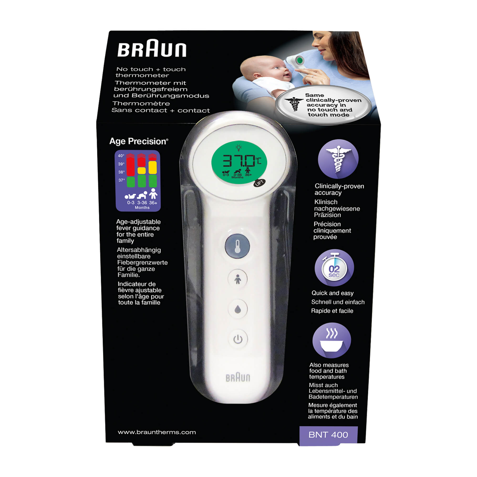 Stirnthermometer, das mit und ohne Berührung die Temperatur misst. Für Säuglinge, Kinder und Erwachsene.