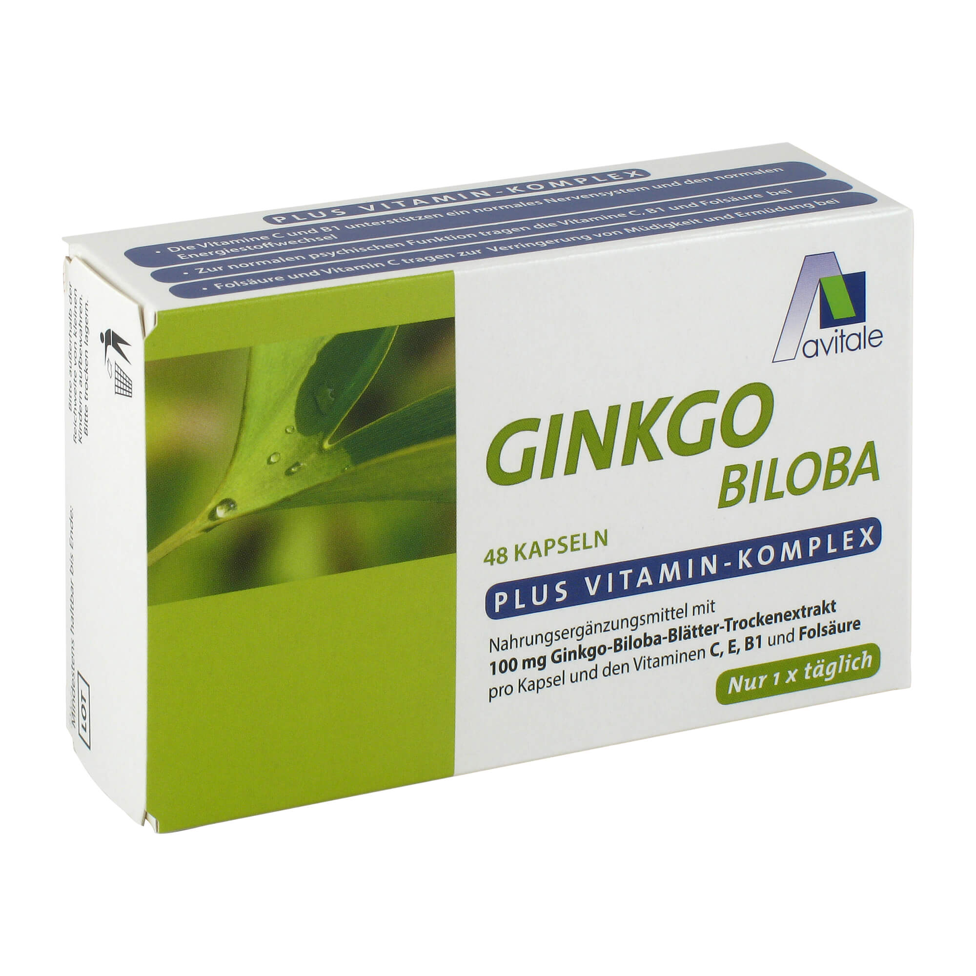Nahrungsergänzungsmittel mit 100 mg Ginkgo-Biloba-Blätter-Trockenextrakt und den Vitaminen C, E, B1 und Folsäure.