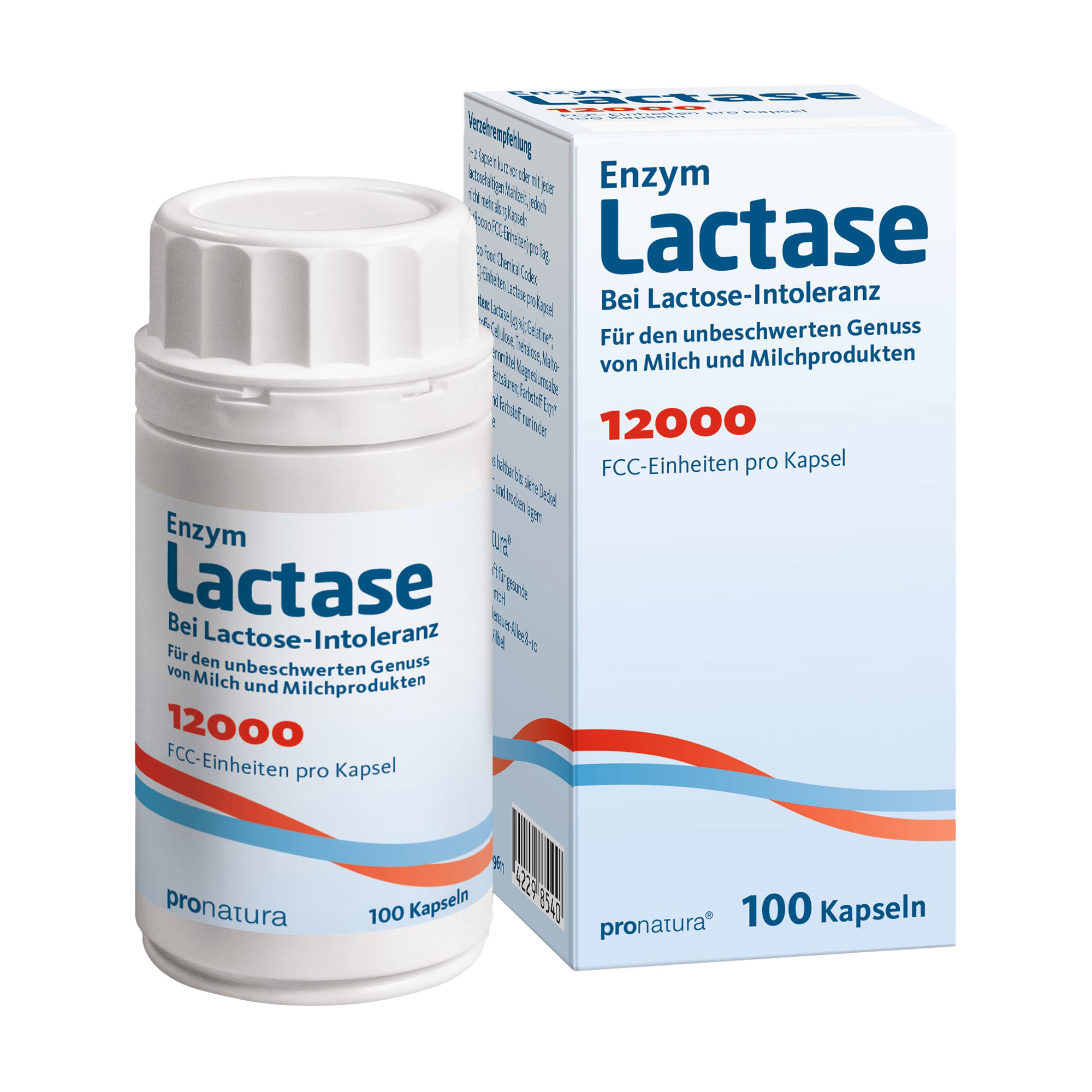 Nahrungsergänzungsmittel mit 12.000 FCC-Einheiten* des Enzyms Lactase pro Kapsel.