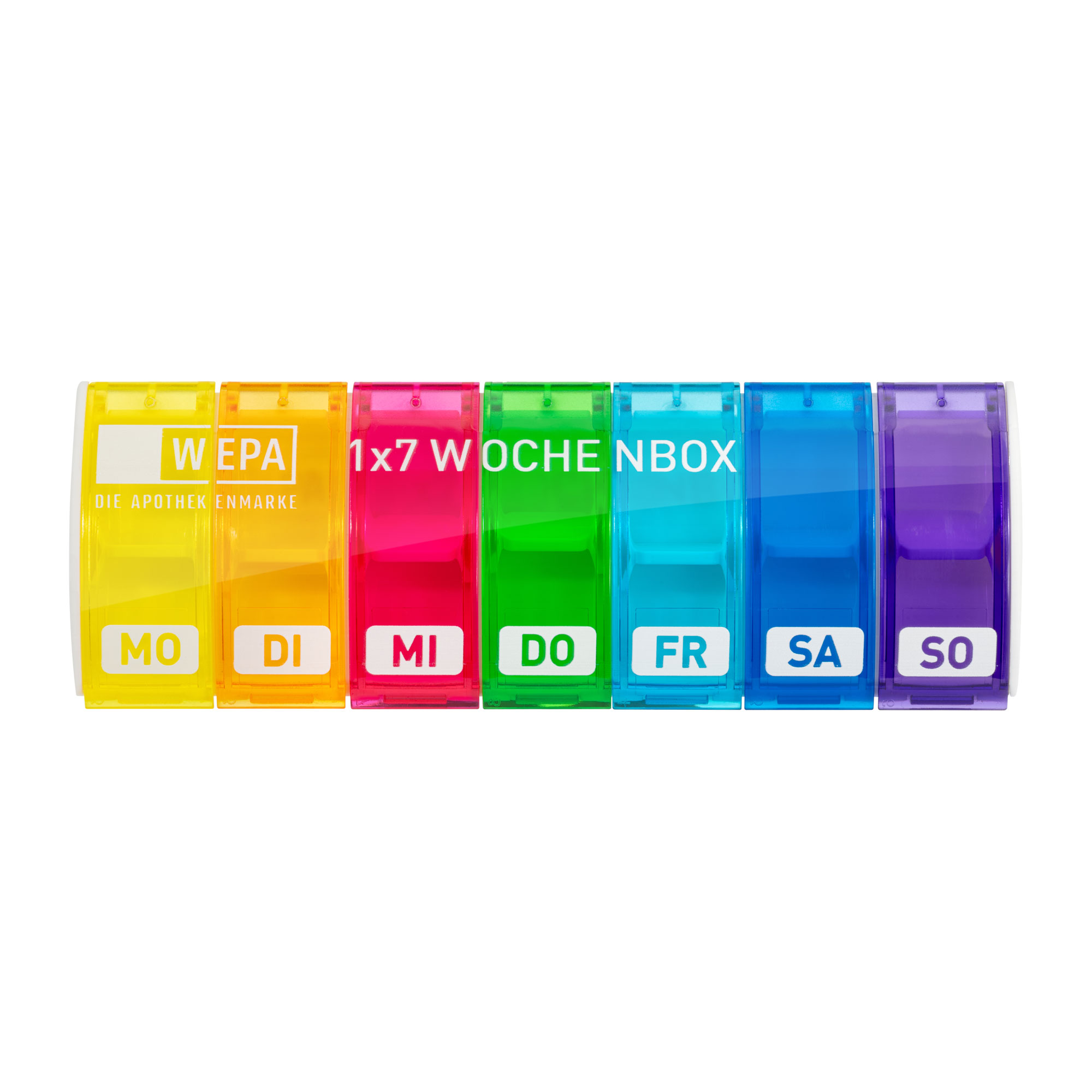 Praktischer Medikamentendosierer mit 7 Fächern und Fachteilern für jeden Wochentag in Regenbogenfarben inkl. Lichtschutz.