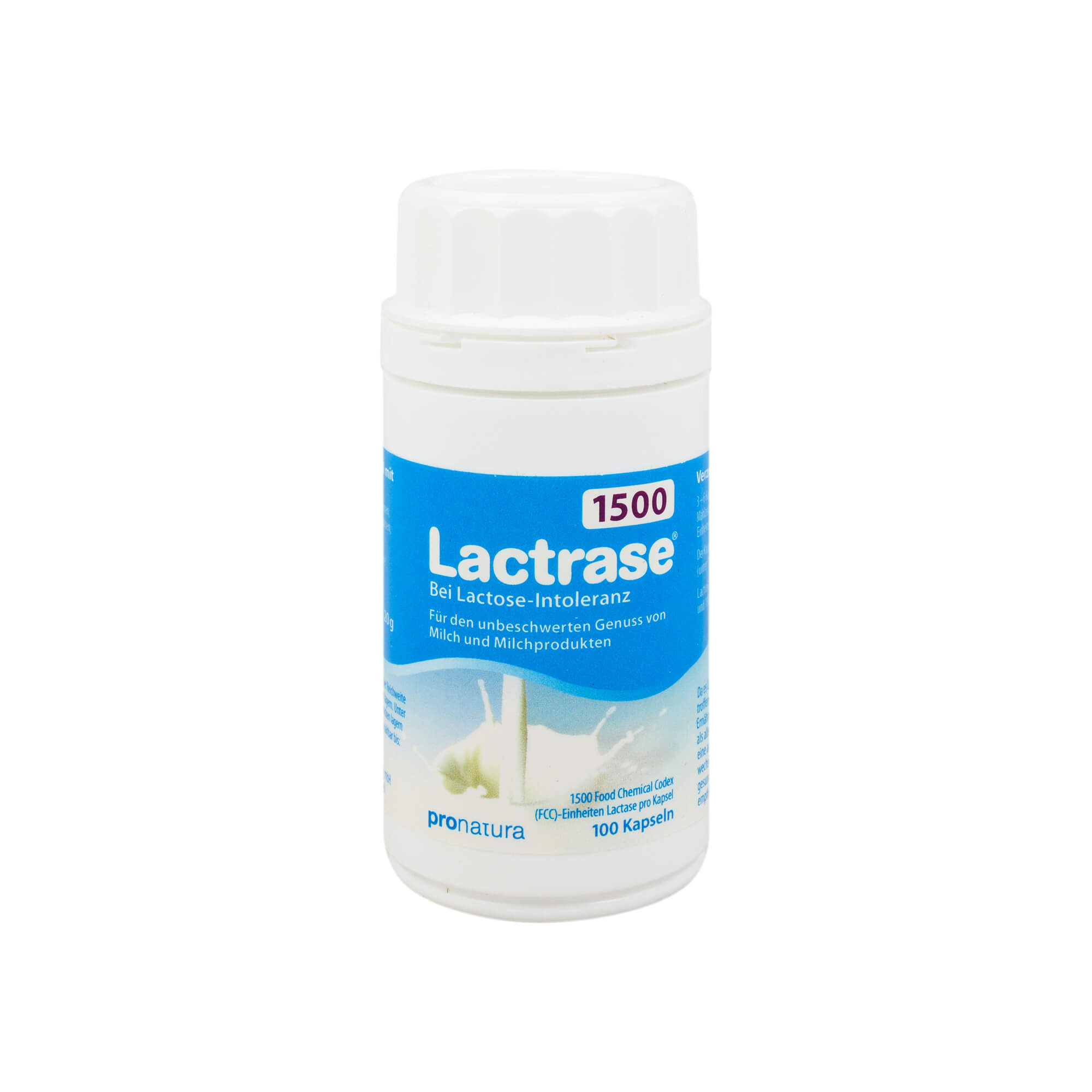 Nahrungsergänzungsmittel mit 1500 FCC-Einheiten Lactase pro Kapsel.