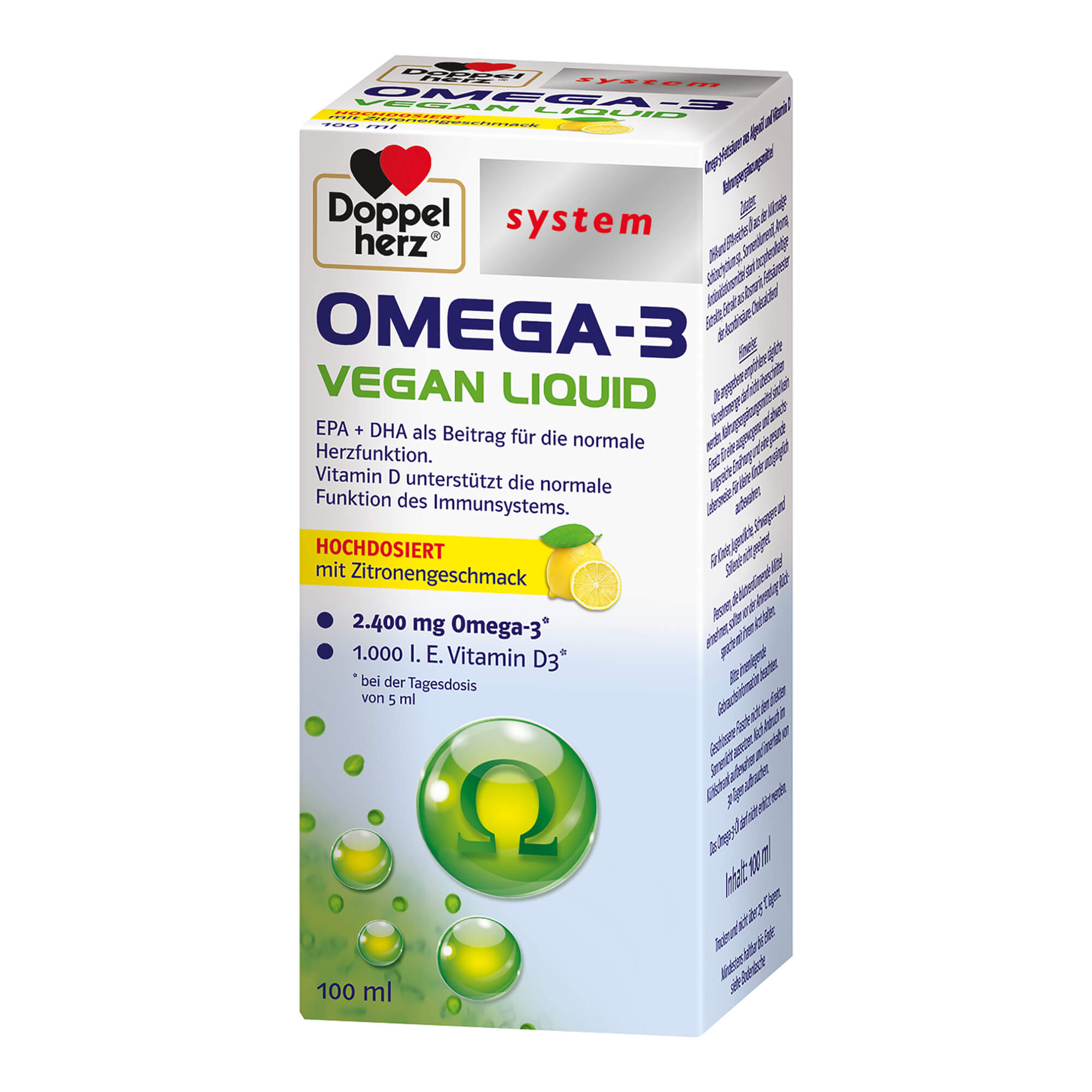 Nahrungsergänzungsmittel mit Omega-3 Fettsäuren aus Algenöl und Vitamin D.