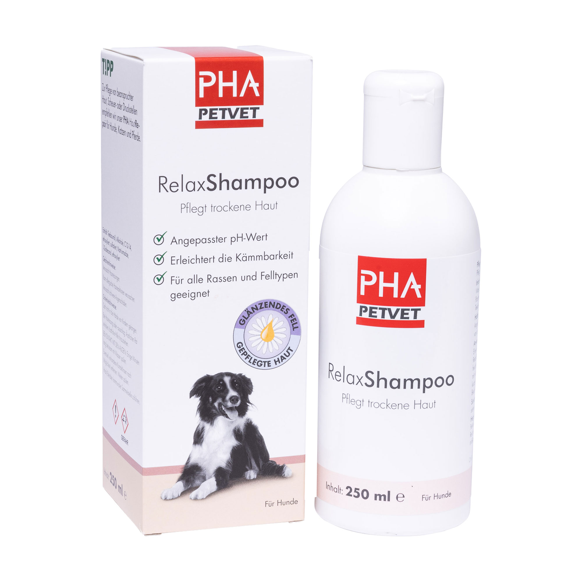 Hundeshampoo mit angepasstem pH-Wert zur Pflege trockener Haut.