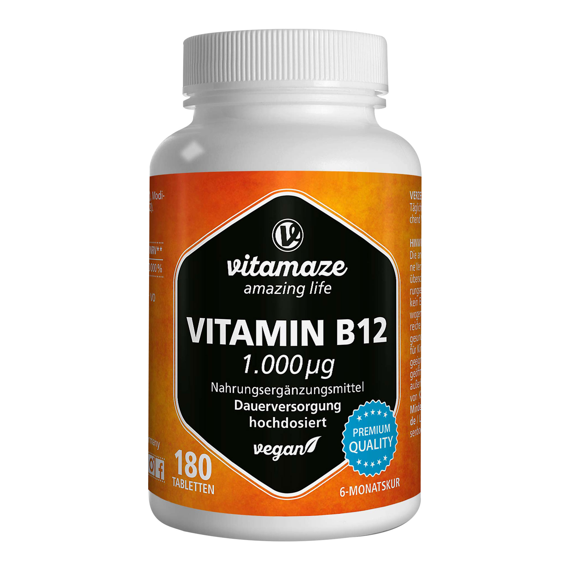 Nahrungsergänzungsmittel mit Vitamin B12 fürs Wohlbefinden und zur Verringerung von Müdigkeit.