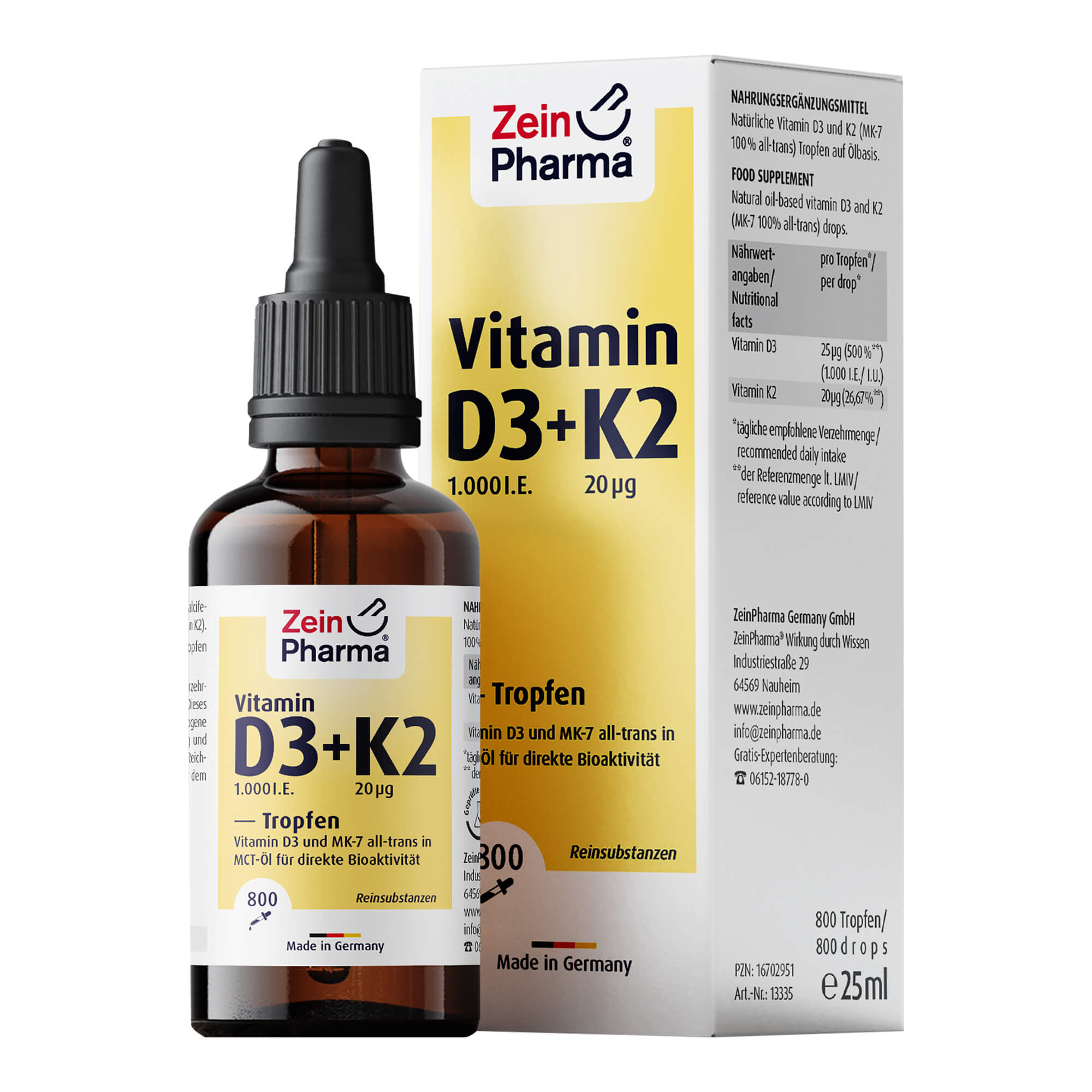 Natürliche Vitamin D3 und K2 (MK-7 100% all-trans) Tropfen auf Öl-Basis.