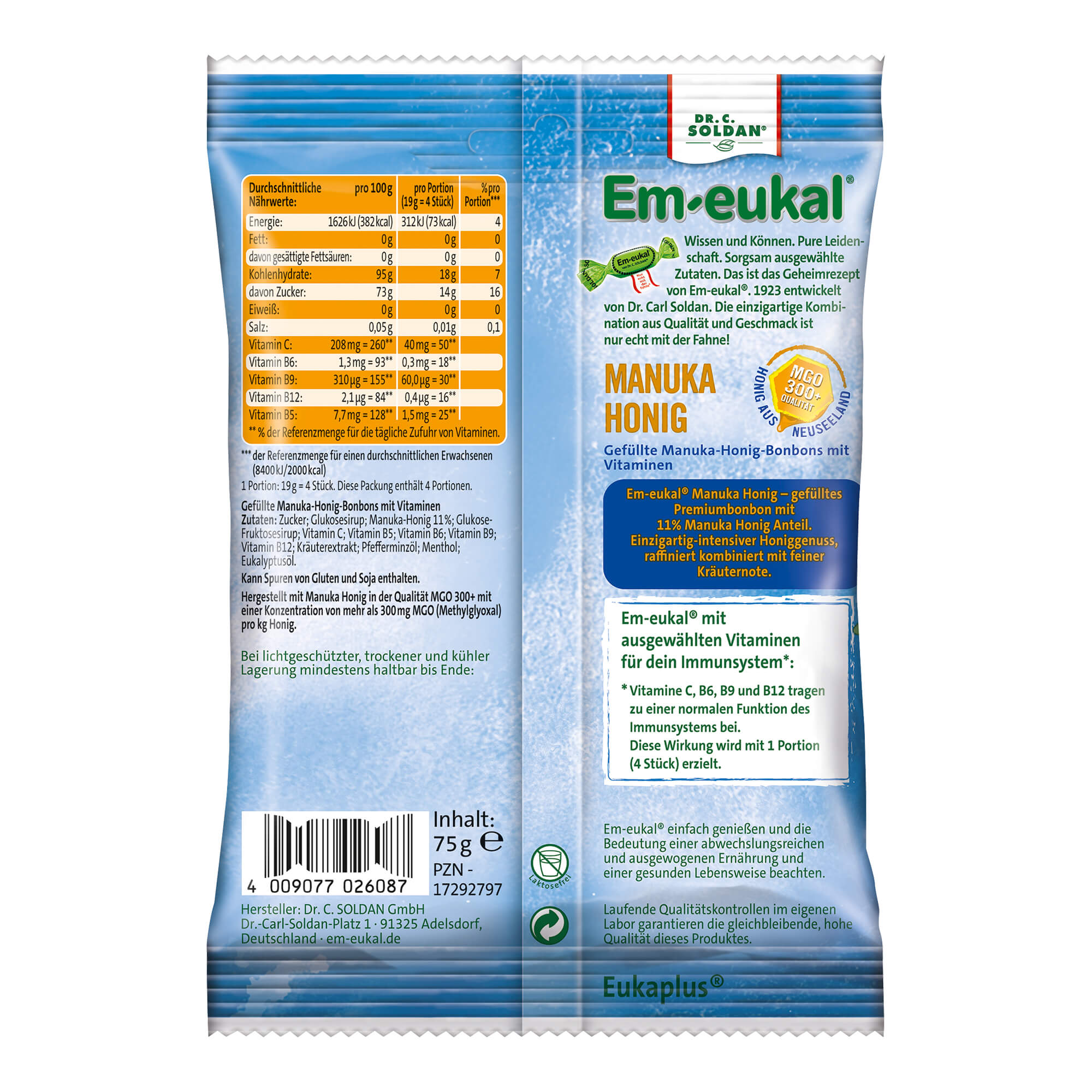 Em-eukal ImmunStark Manuka Honig gefüllt zuckerhaltig Packungsrückseite