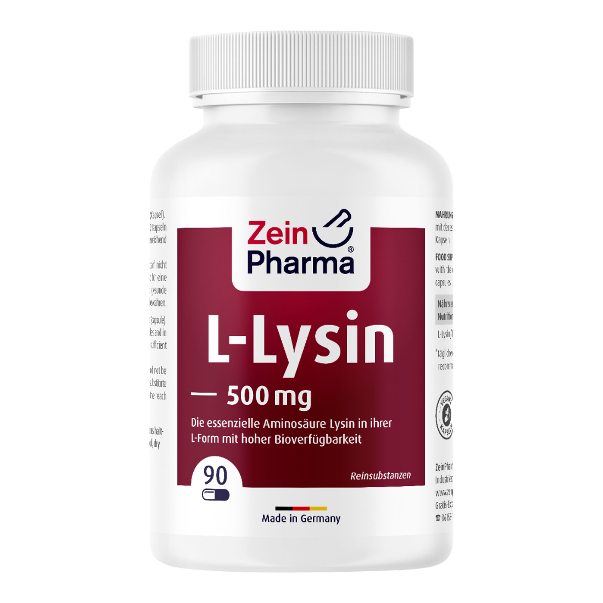 Nahrungsergänzungsmittel mit der essenziellen Aminosäure L-Lysin in veganen Kapseln.