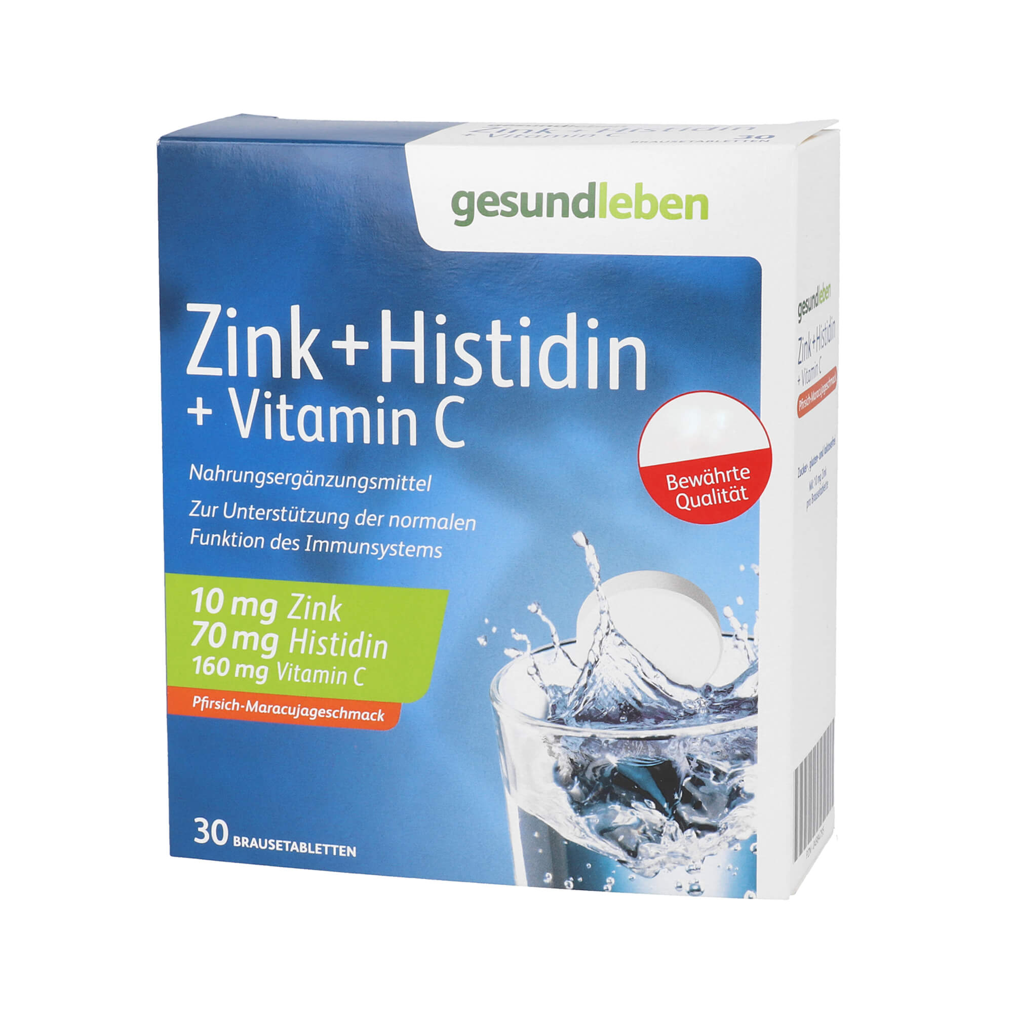 Nahrungsergänzungsmittel mit Zink + Histidin + Vitamin C. Mit Pfirsich-Maracujageschmack.