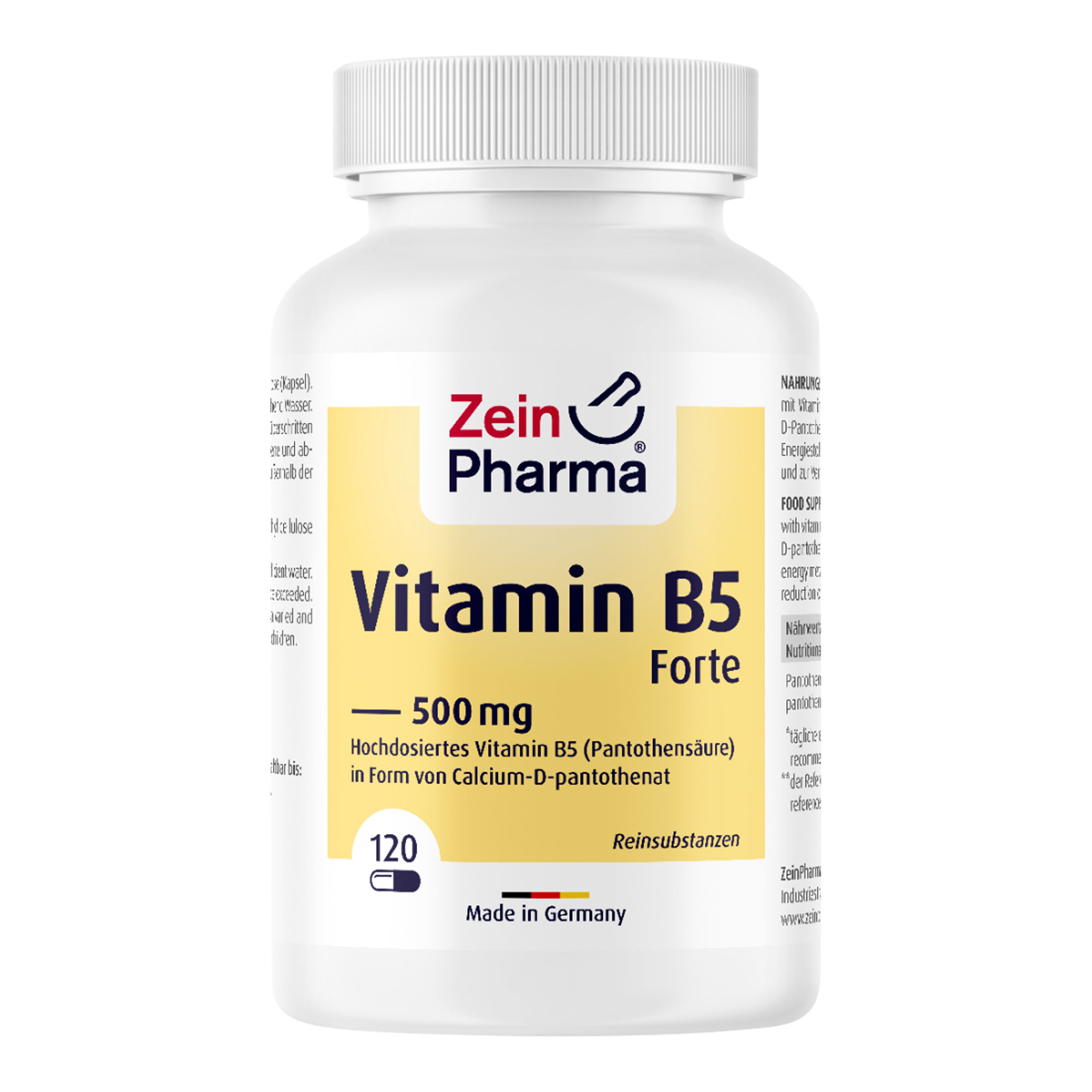 Nahrungsergänzungsmittel mit Vitamin B5 (Pantothensäure) in Form von Calcium-D-Pantothenat.