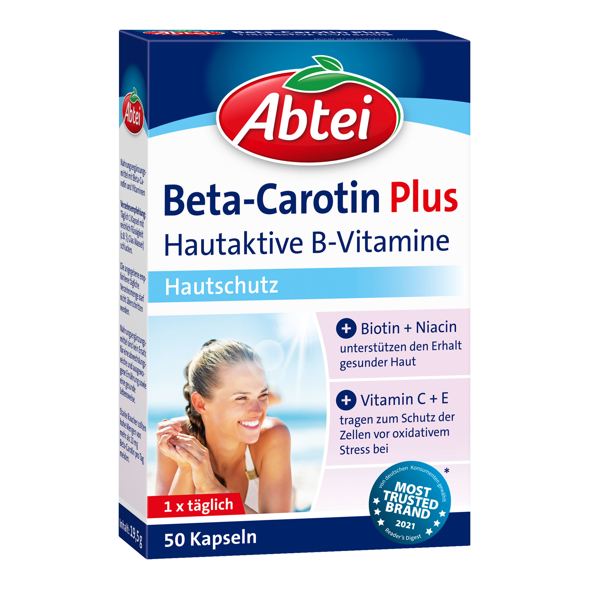 Nahrungsergänzungsmittel mit Beta-Carotin und Vitaminen.