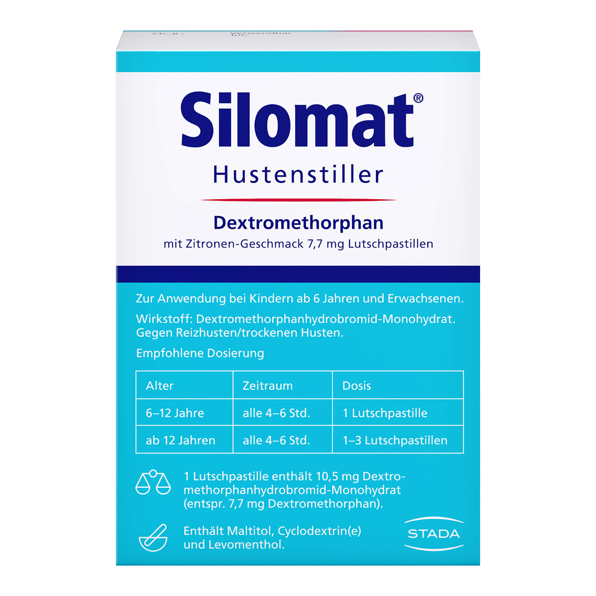 Silomat Hustenstiller Dextromethorphan mit Zitronen-Geschmack 7,7 mg Lutschpastillen Packungsrückseite