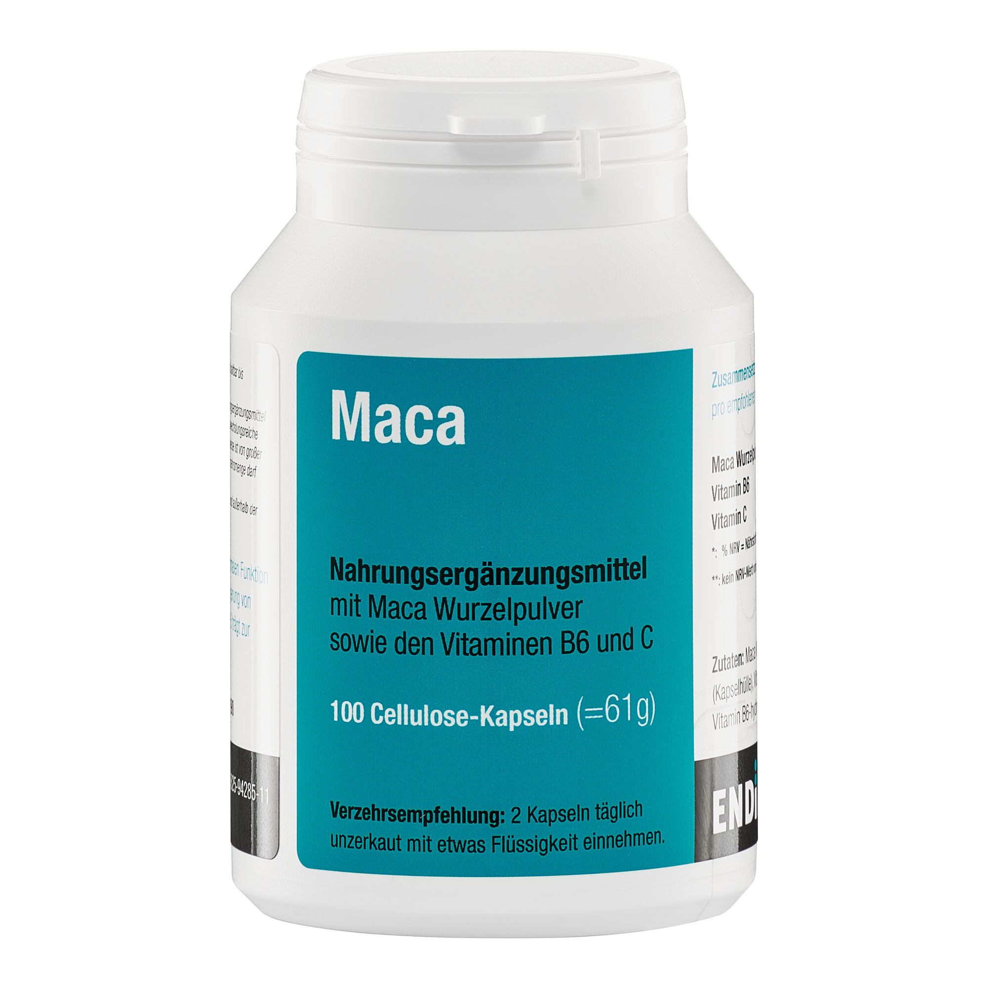 Nahrungsergänzungsmittel mit Maca Wurzelpulver sowie den Vitaminen B6 und C.