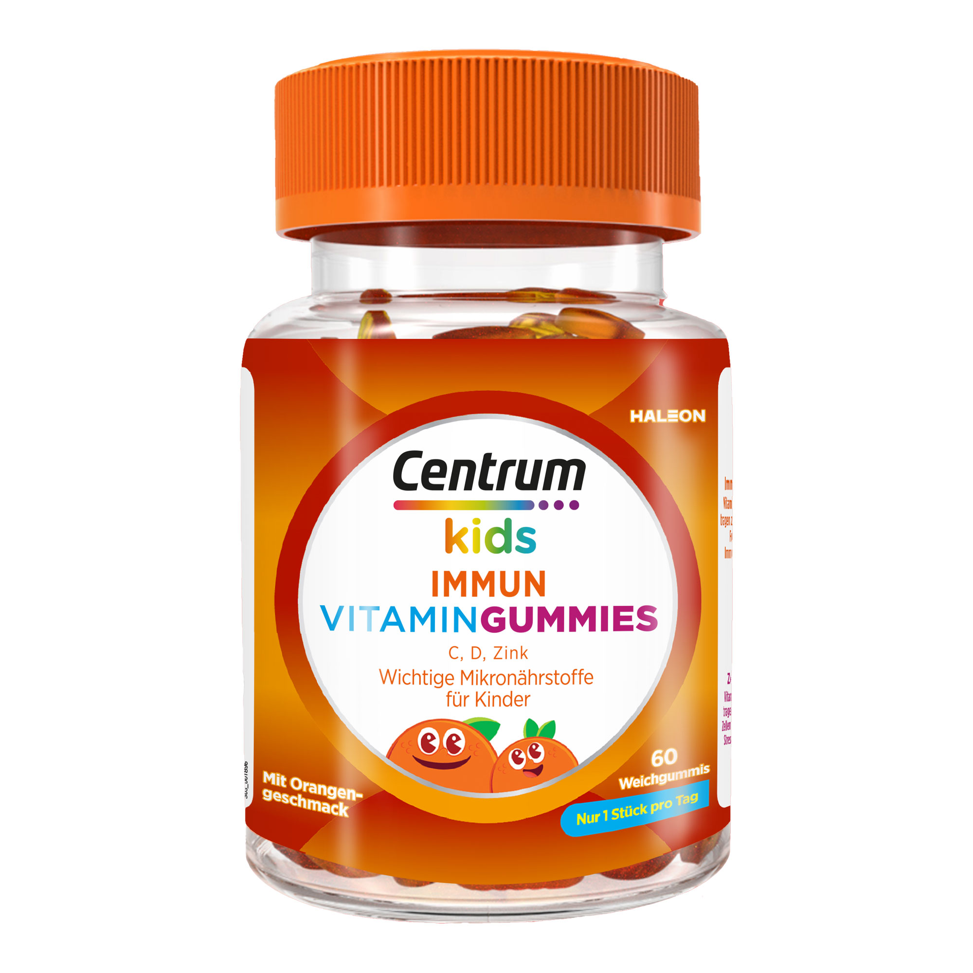 Nahrungsergänzungsmittel mit 4 Vitaminen und Zink in Form von Gummibärchen. Für Kinder ab 4 Jahren. Mit Orangengeschmack.