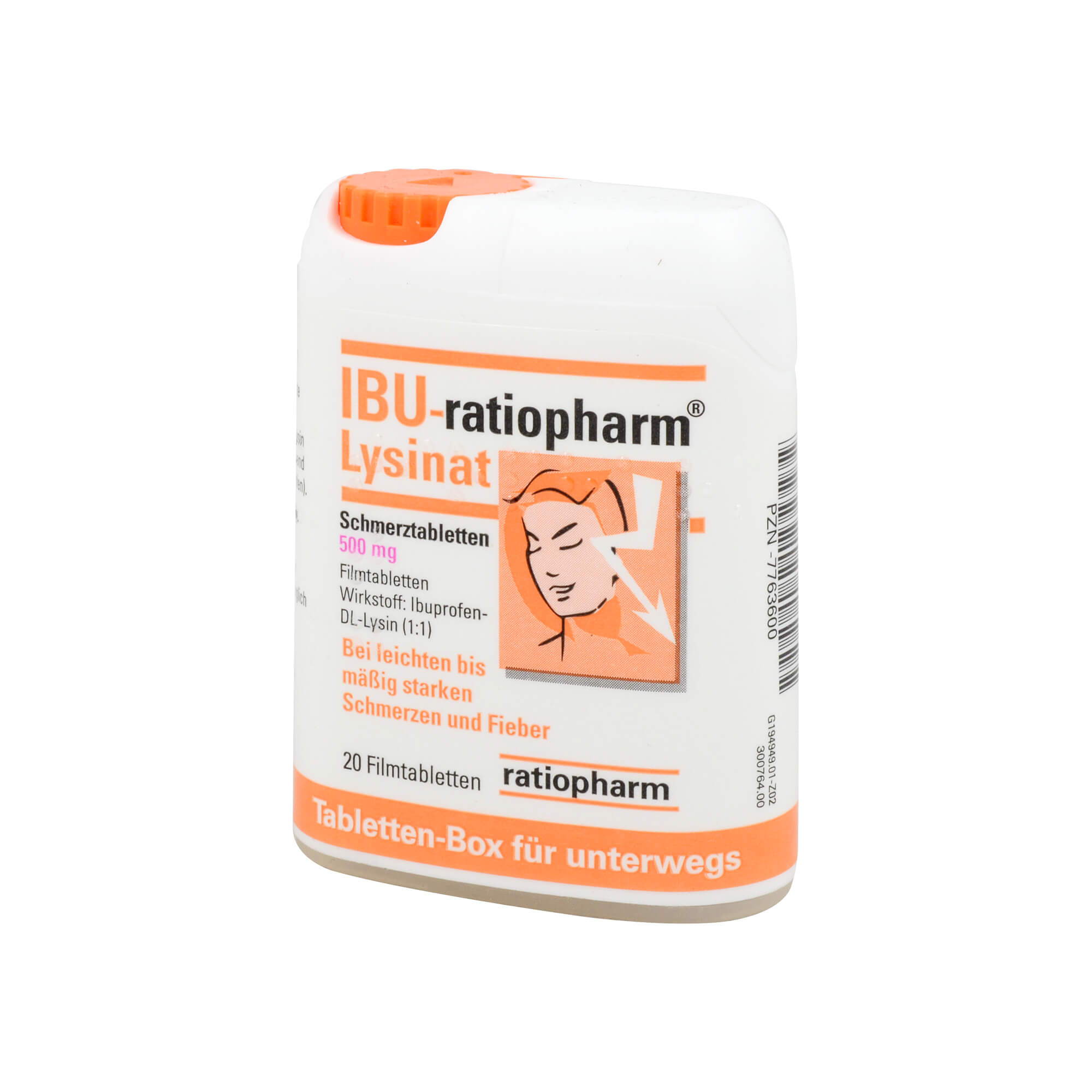 Tablettenbox, leichte bis mäßig starke Schmerzen, akute Kopfschmerzphase bei Migräne mit und ohne Aura, Fieber.