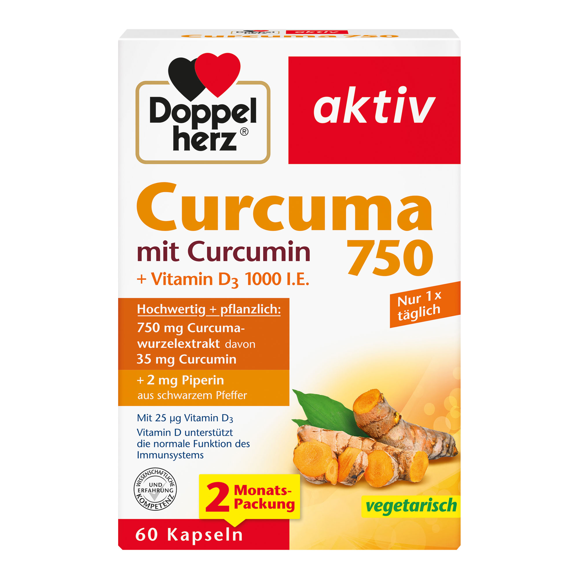 Nahrungsergänzungsmittel mit curcuminhaltigem Curcumawurzelextrakt, Piperin und Vitamin D.