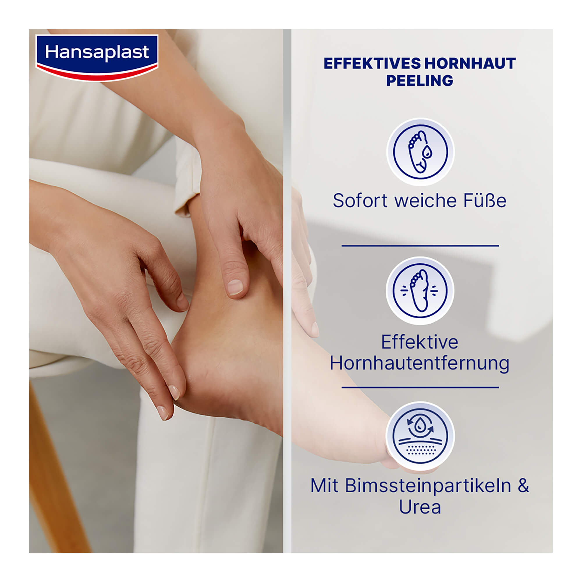Grafik Hansaplast Anti-Hornhaut Peeling 2in1 Sofort weiche Füße. Effektive Hornhautentfernung. Mit Bimssteinpartikeln & Urea