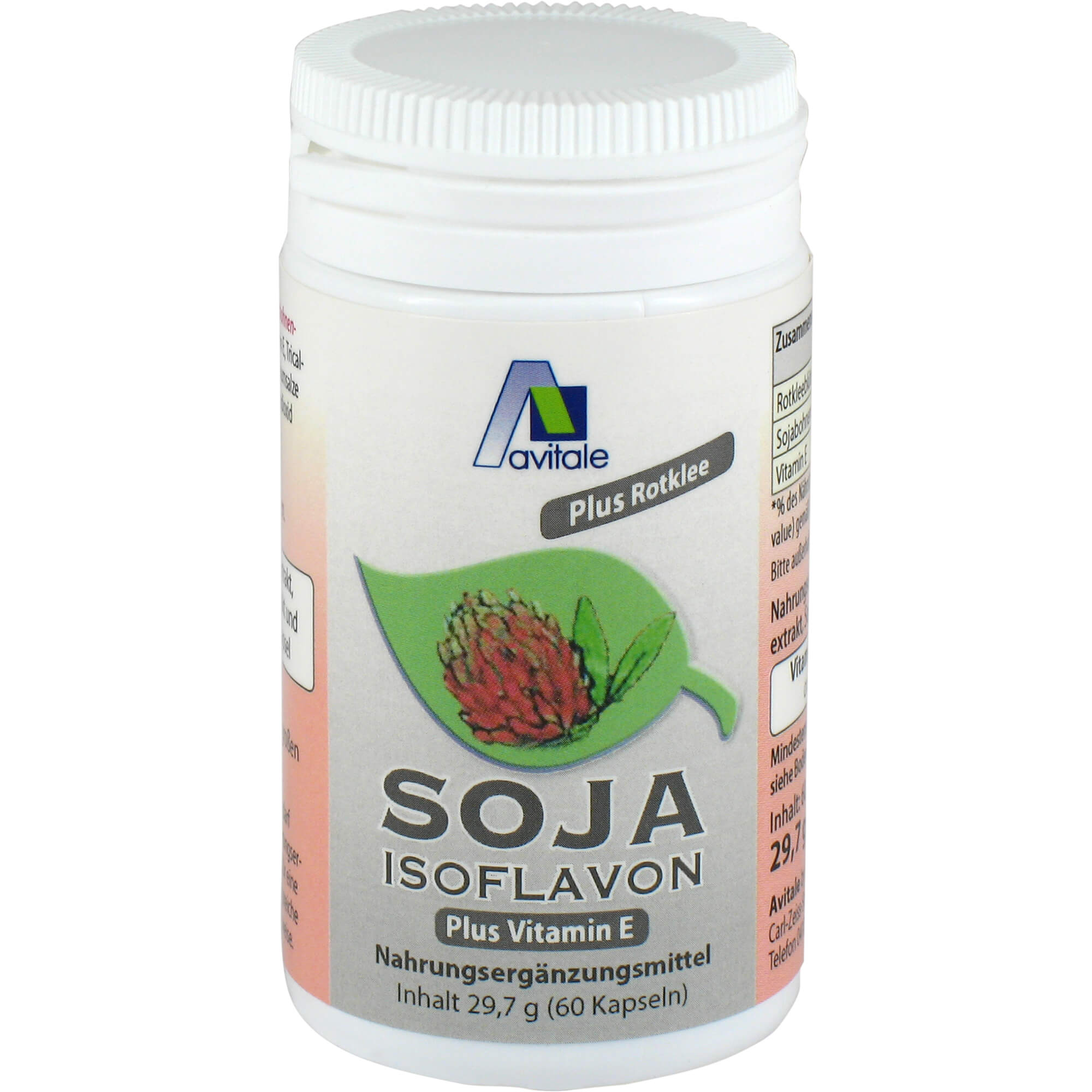 Nahrungsergänzungsmittel mit Soja-Isoflavon-Extrakt, Rotklee Extrakt und Vitamin E.