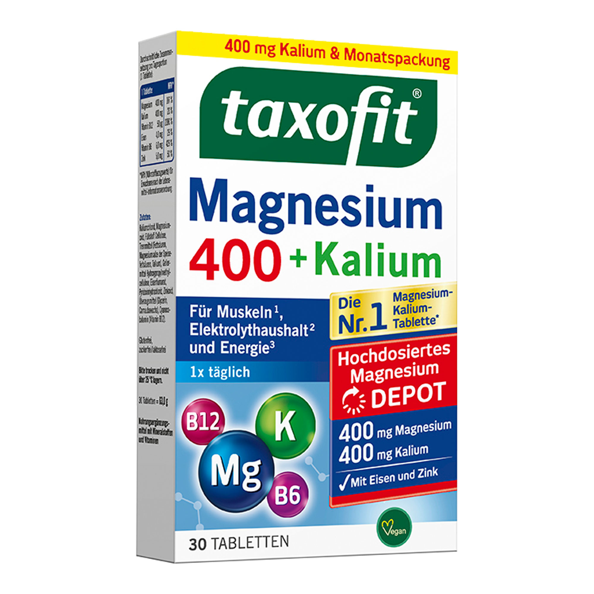 Nahrungsergänzungsmittel mit Magnesium und Kalium. Vegan.