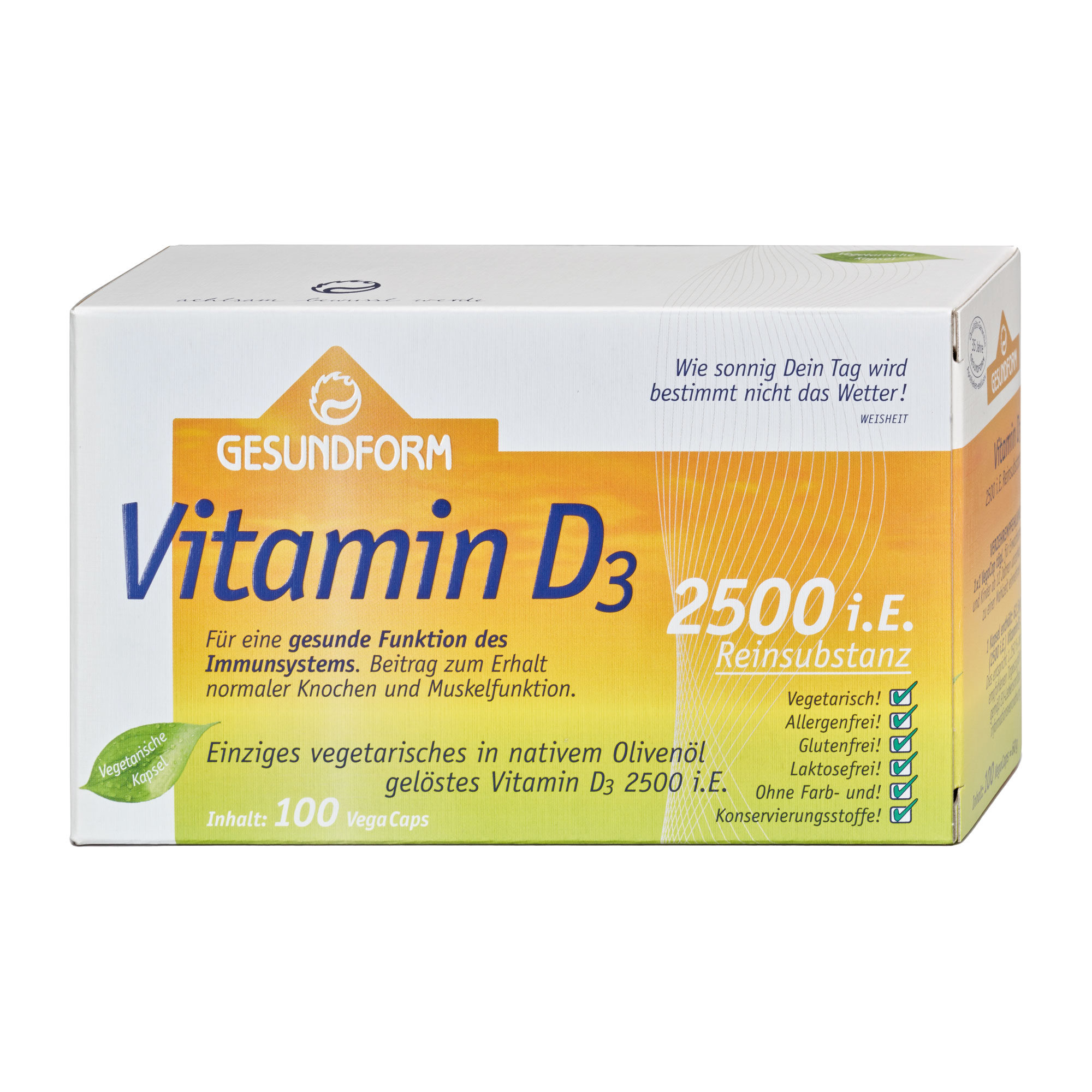 Nahrungsergänzungsmittel mit Vitamin D3 in einer vegetarischen Kapsel.