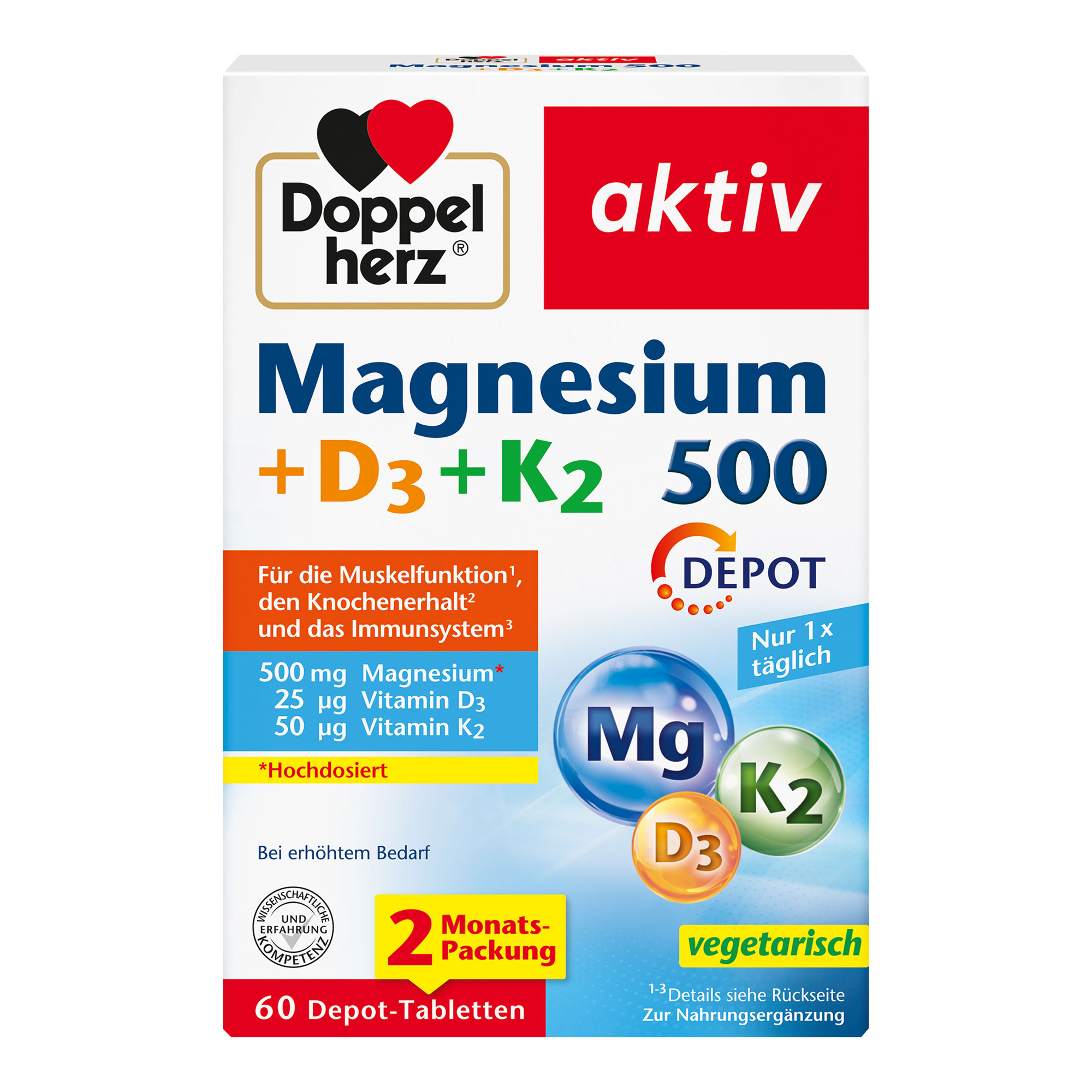 Nahrungsergänzungsmittel mit Magnesium, Vitamin D und Vitamin K. 2-Monats-Packung.
