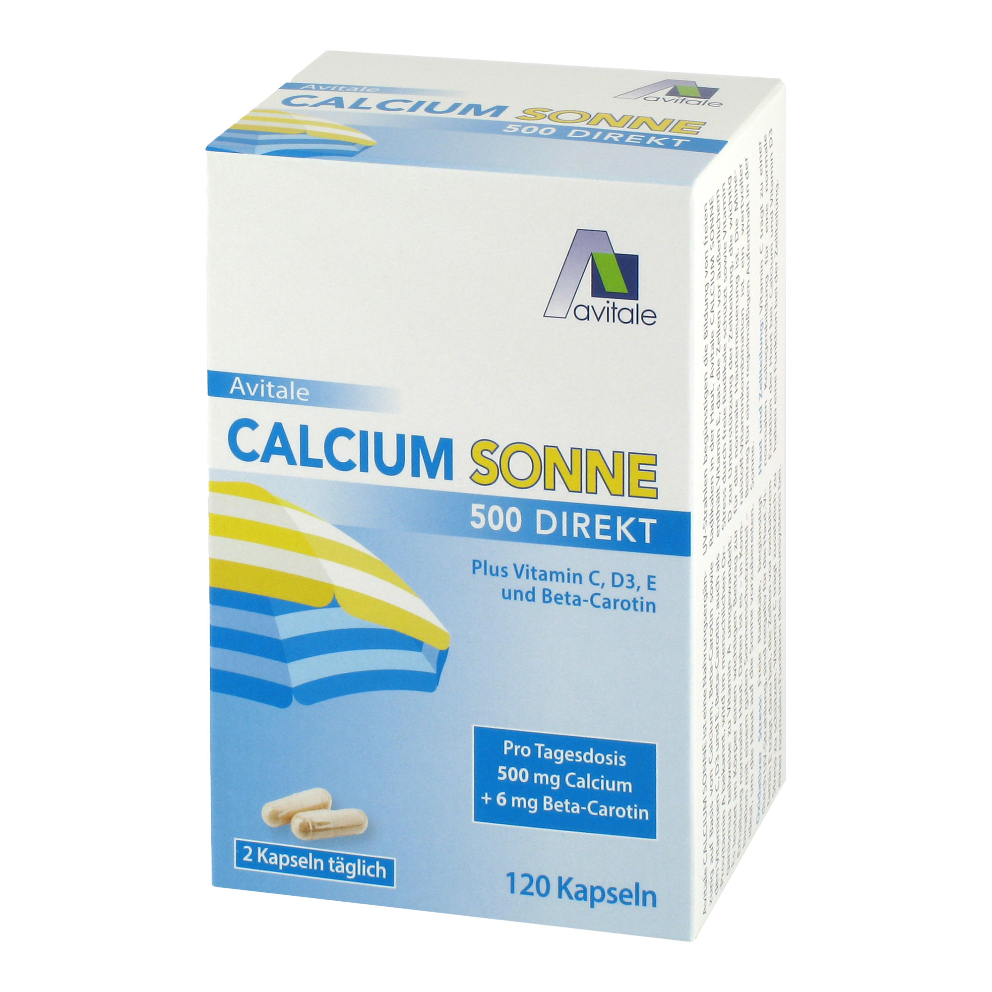 Nahrungsergänzungsmittel mit Calcium plus Vitamin C, D3, E und Beta-Carotin.
