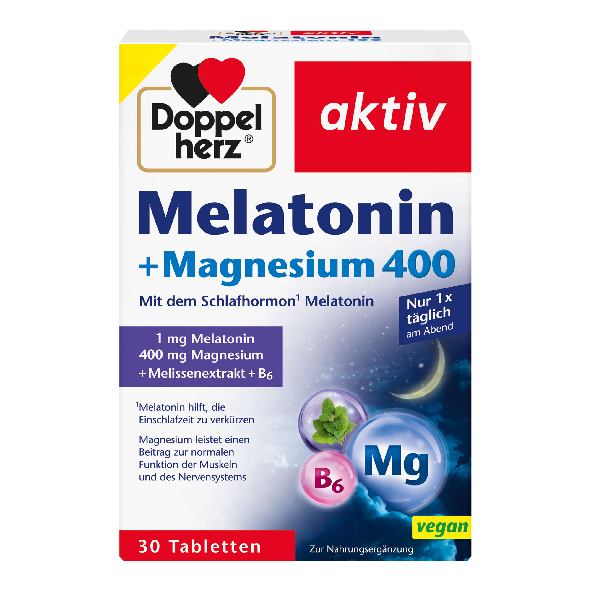 Nahrungsergänzungsmittel mit Melatonin, Magnesium, Melissenblätterextrakt und Vitamin B6.