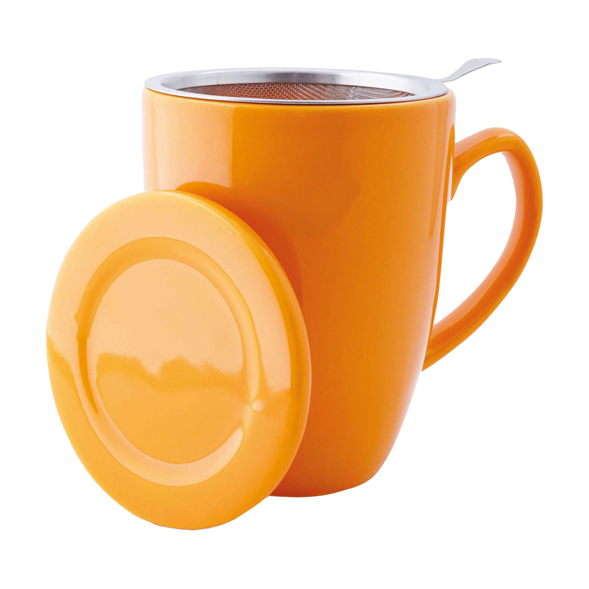 Teetasse mit Siebeinsatz und Deckel. Farbe: orange. Mit 0,35 Liter Fassungsvermögen.