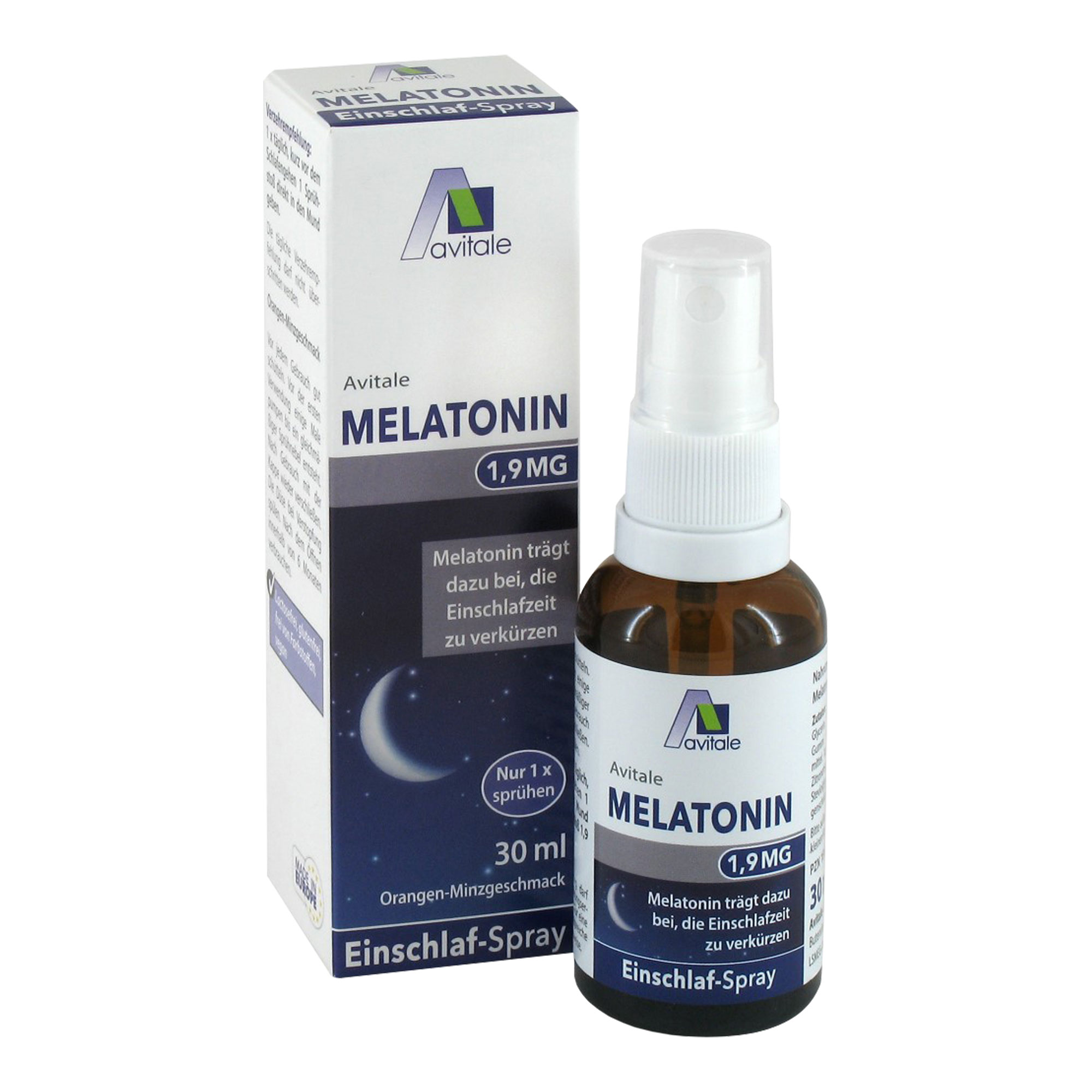 Nahrungsergänzungsmittel mit 1,9 mg Melatonin pro Sprühstoß. Einschlafspray mit feinem Orangen-Minzgeschmack.