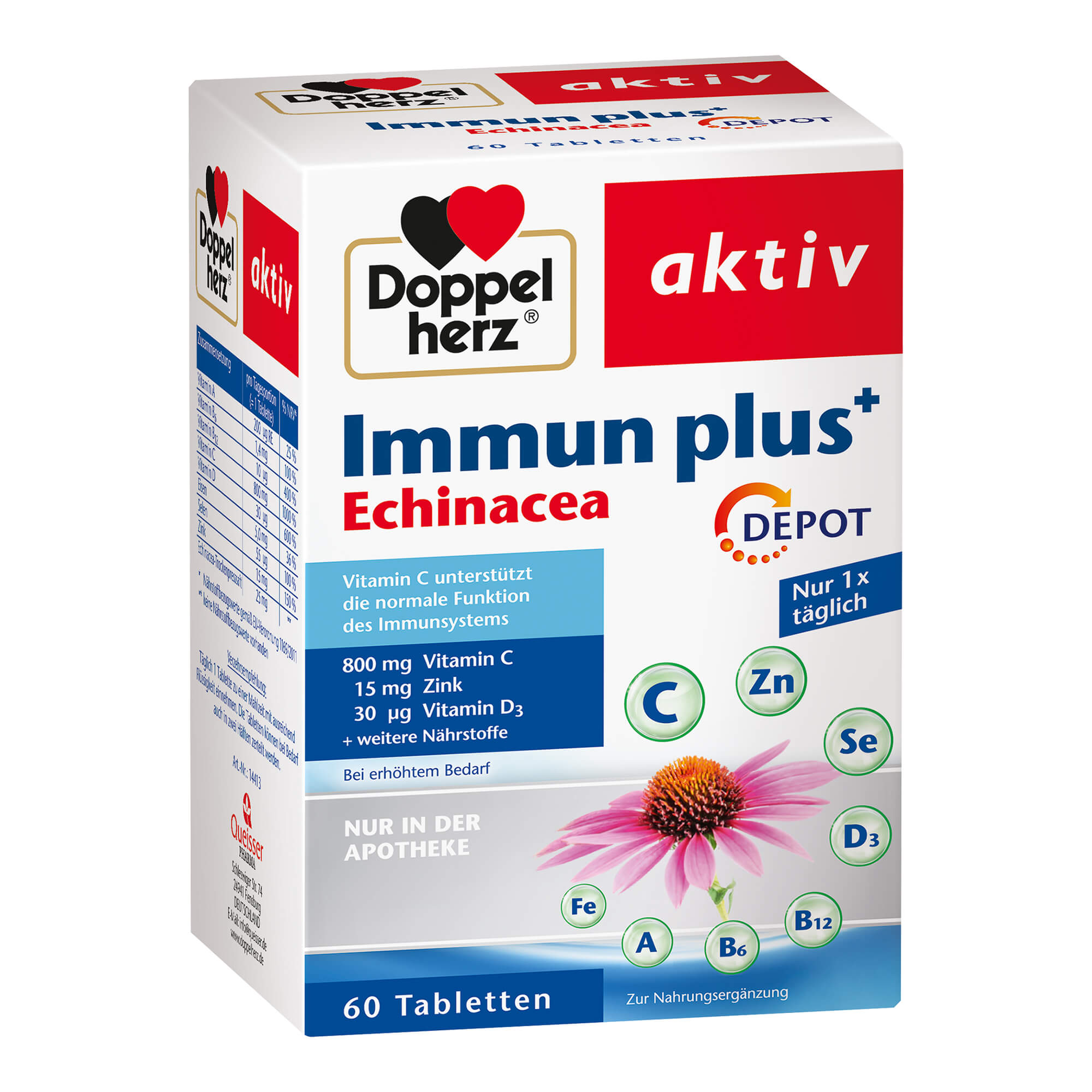 Nahrungsergänzungsmittel mit Vitaminen und Spurenelementen, Echinacea-Trockenpresssaft.