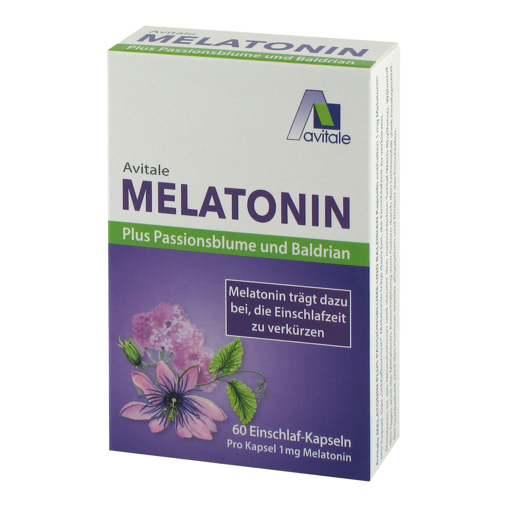 Nahrungsergänzungsmittel mit 1 mg Melatonin, Passionsblumen- und Baldrianextrakt.