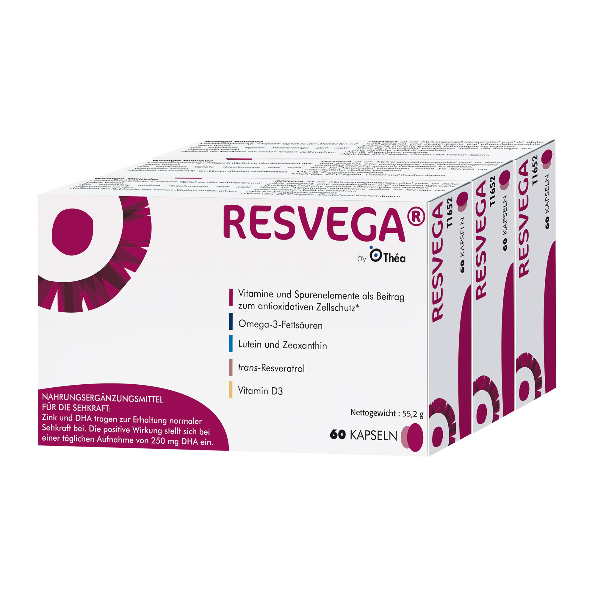 Nahrungsergänzungsmittel mit Resveratrol, Lutein, Zeaxanthin und den Omega-3-Fettsäuren DHA und EPA.