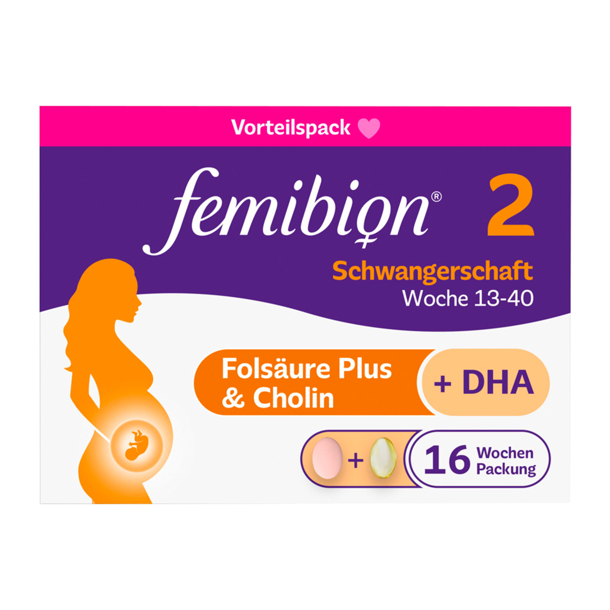 1 Tablette + 1 Kapsel Femibion 2 am Tag für eine ausreichende Versorgung mit Folat und DHA.