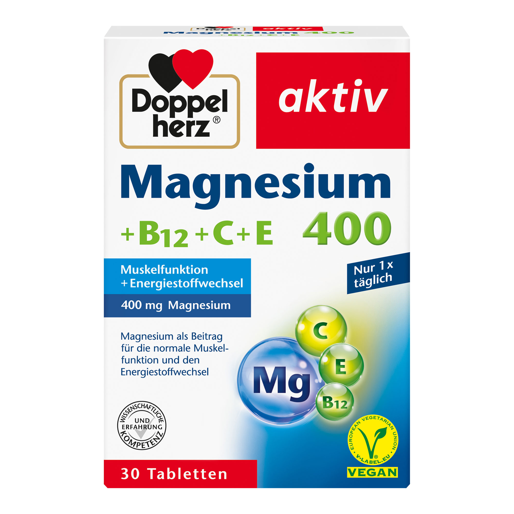 Nahrungsergänzungsmittel mit Magnesium, Vitamin C, E und B12.