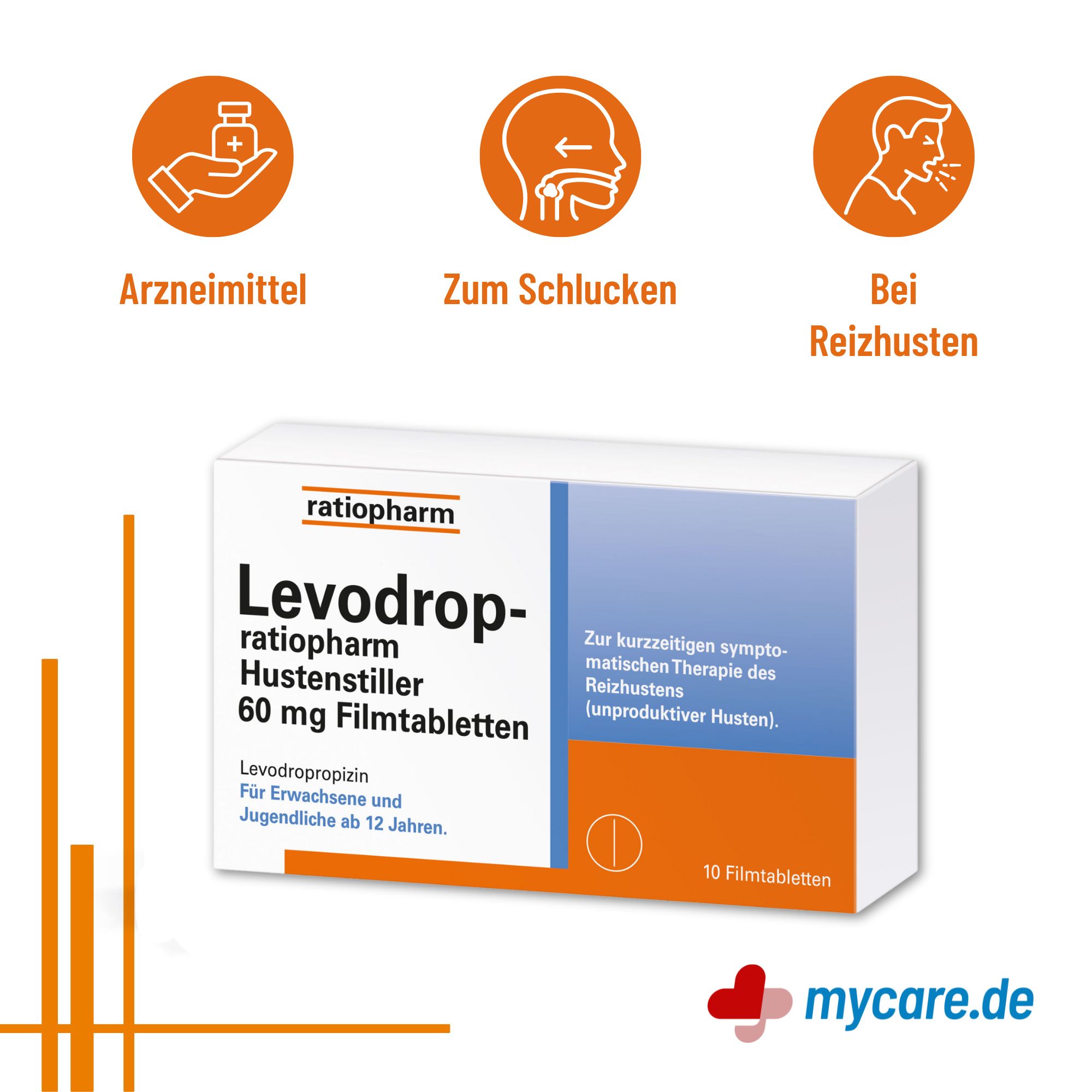 Infografik Levodrop-ratiopharm Hustenstiller 60 mg Filmtabletten Vorteile